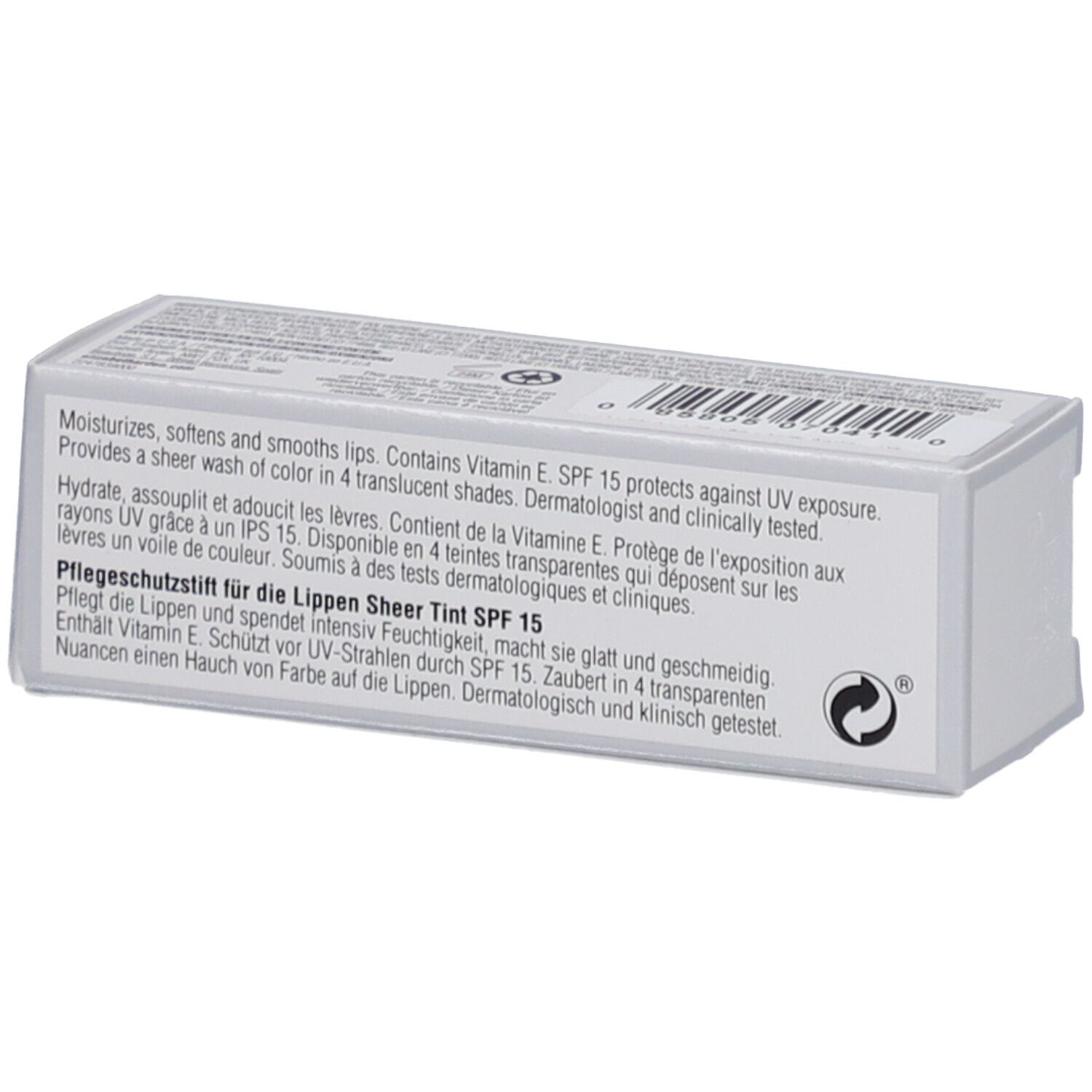 Retro confezione stick protettivo labbra Elizabeth Arden. Testo: SPF 15, ingredienti, istruzioni per l'uso.