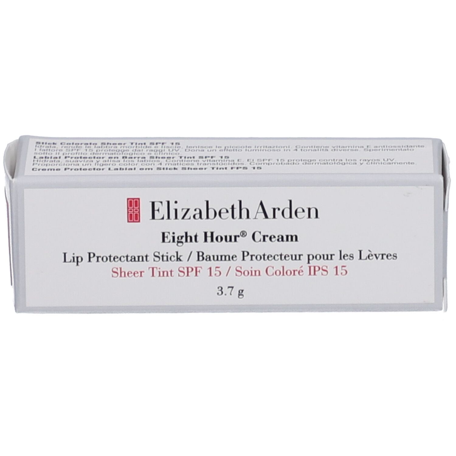 Stick protettivo labbra Elizabeth Arden in confezione. Testo: Eight Hour Cream, Lip Protectant Stick, SPF 15, 3.7 g.