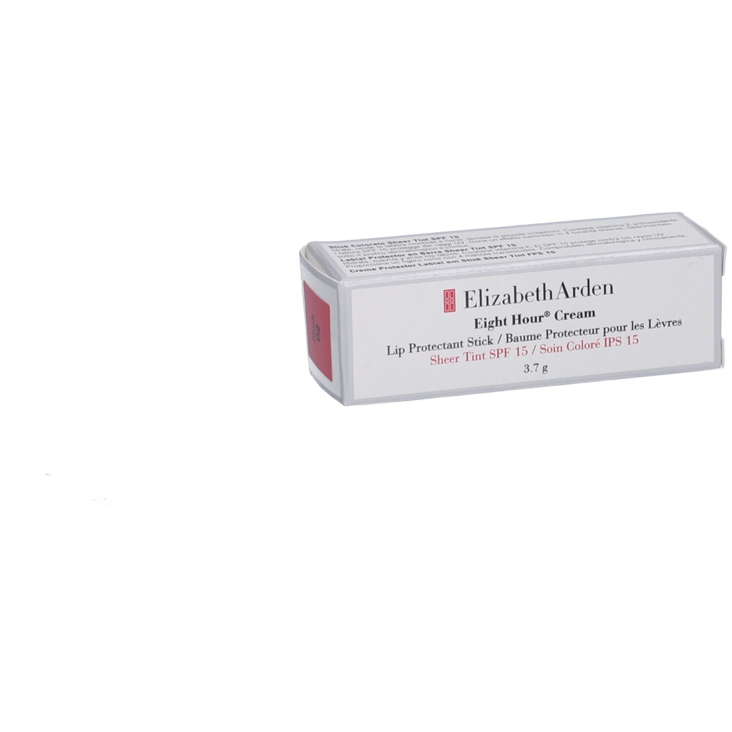 Stick protettivo labbra Elizabeth Arden in confezione. Testo: Eight Hour Cream, Lip Protectant Stick, SPF 15, 3.7 g.