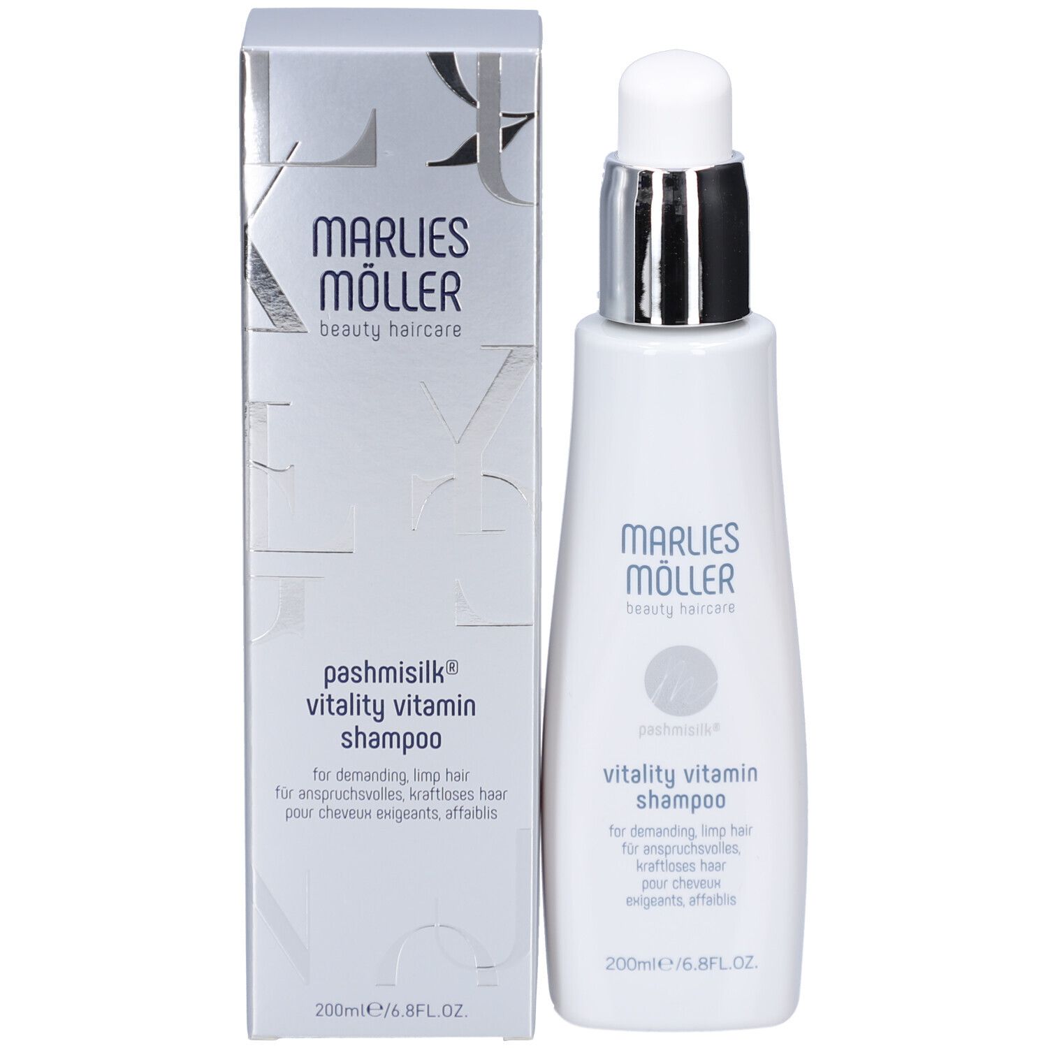 Confezione bianca. Scritta: Marlies Müller, Pashmisilk Vitality Vitamin Shampoo. 200ml.
