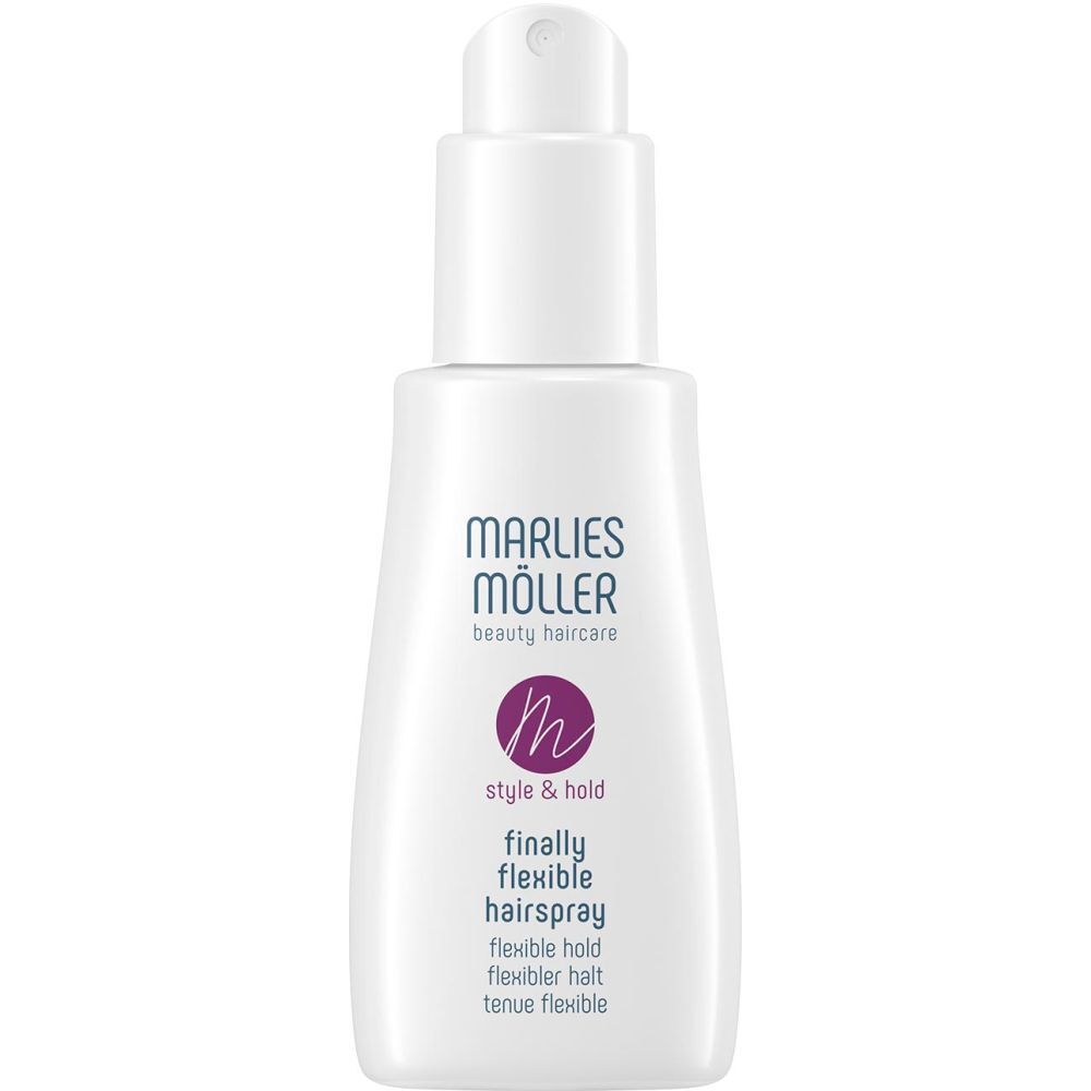 Flacone bianco con erogatore spray. Scritta: Marlies Möller, Style & Hold, finally flexible hairspray.