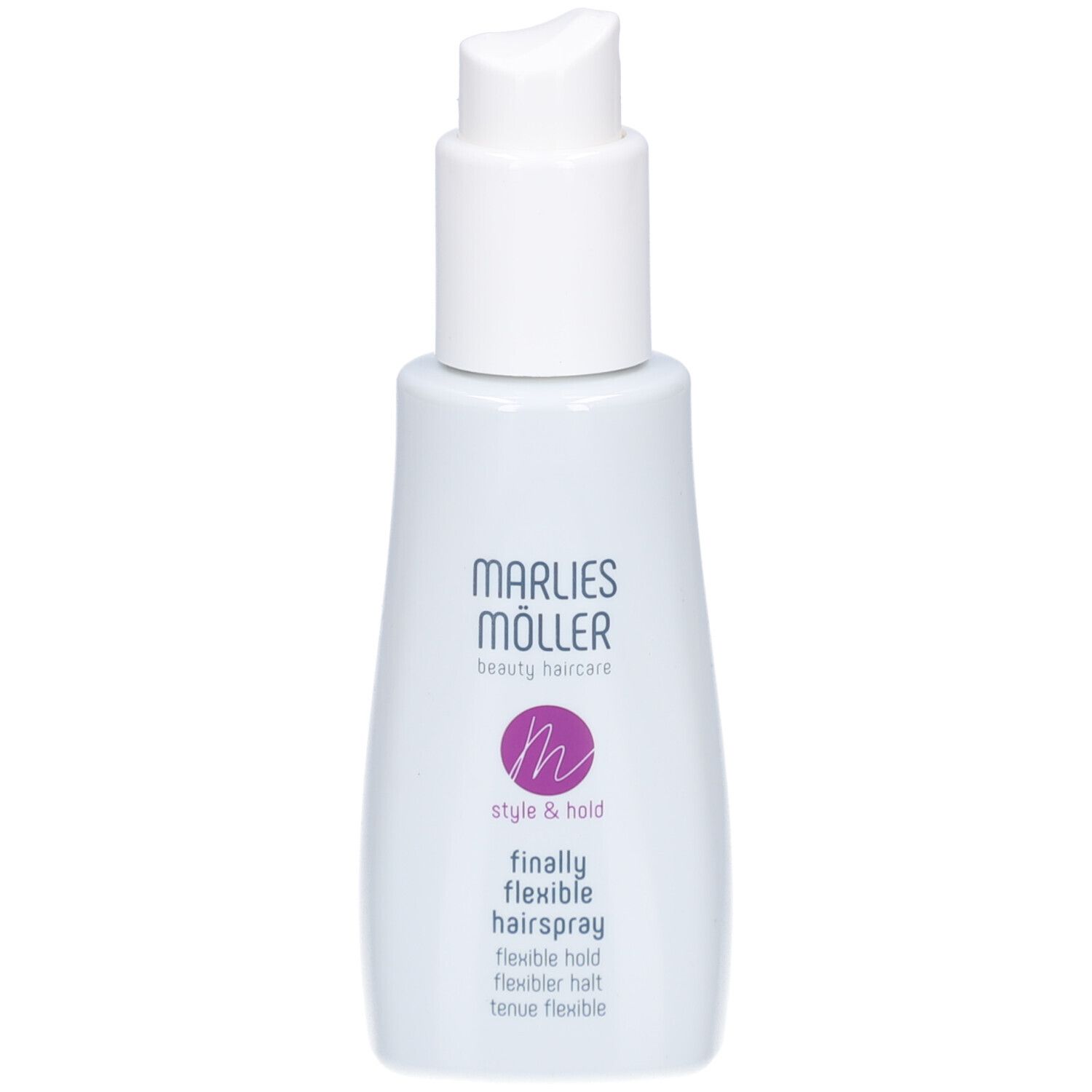 Flacone bianco con erogatore spray. Scritta: Marlies Möller, Style & Hold, finally flexible hairspray.