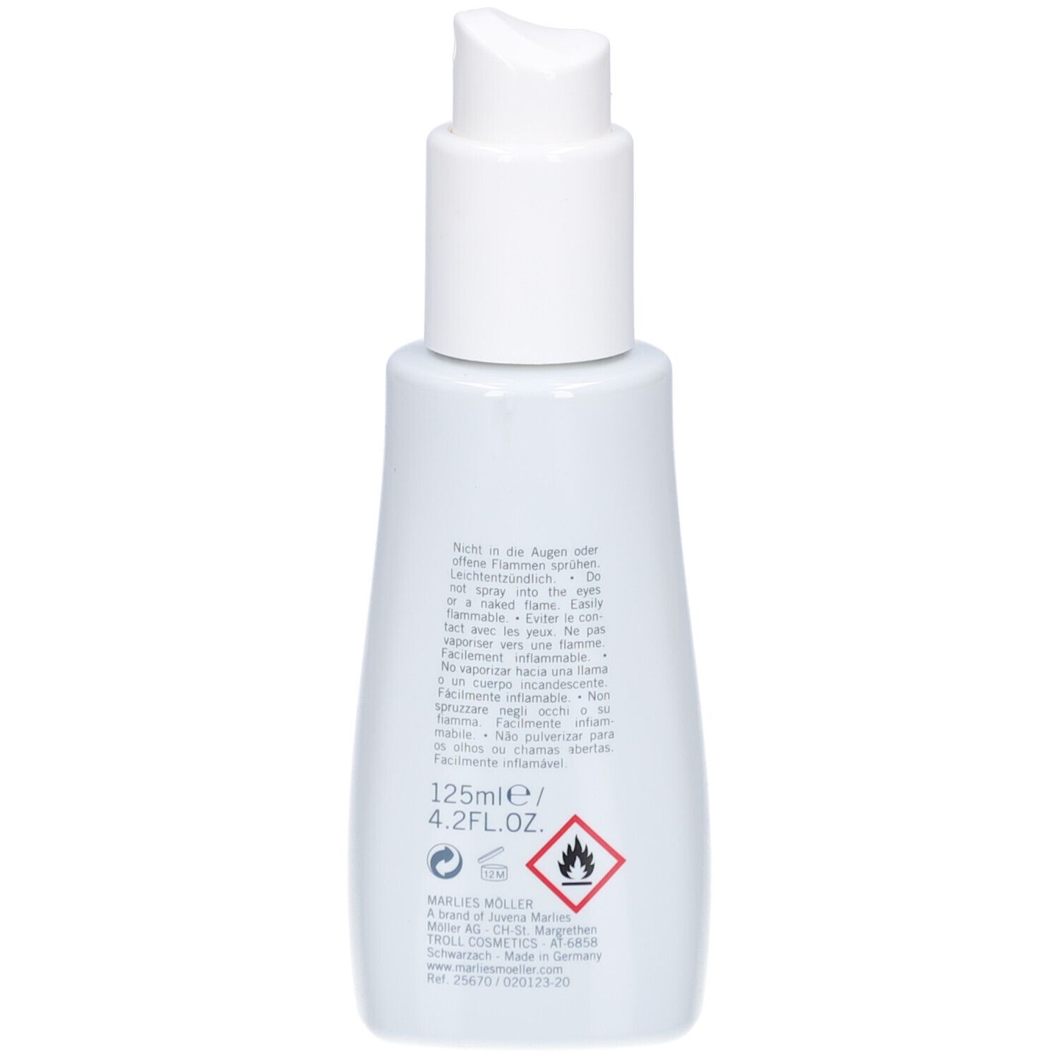 Retro del flacone bianco. Testo: 125ml, avvertenza. Scritta: Marlies Möller.