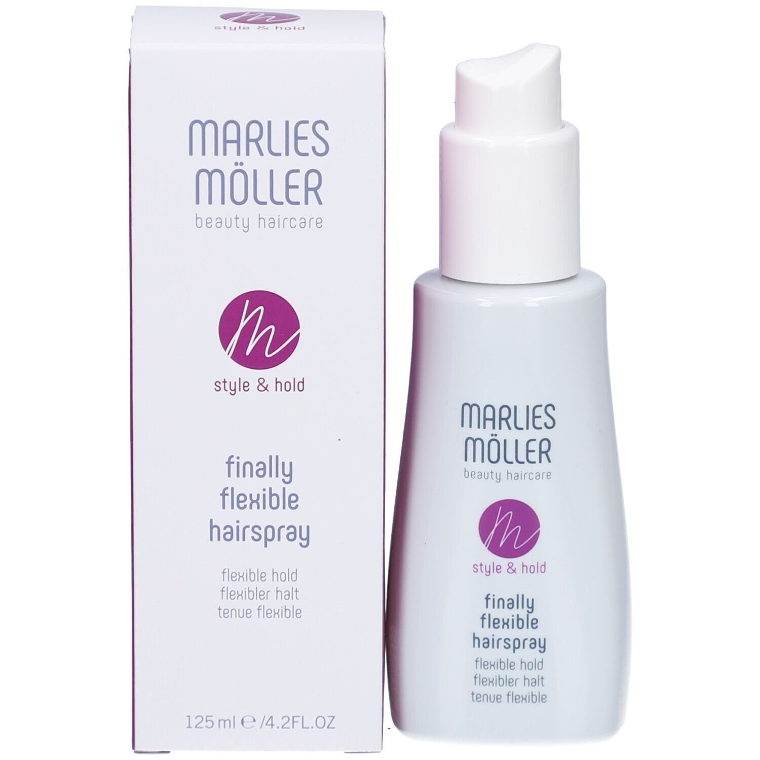 Prodotto con confezione. Scritta: Marlies Möller, Style & Hold, finally flexible hairspray, 125ml.