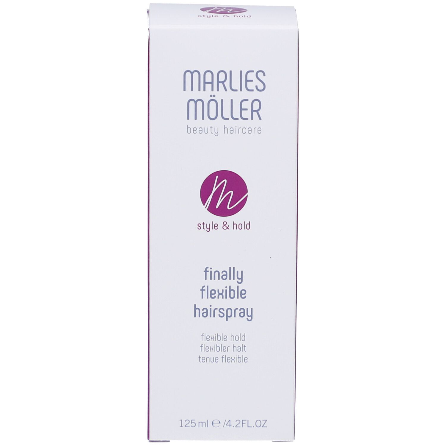 Confezione. Scritta: Marlies Möller, Style & Hold, finally flexible hairspray, 125ml.