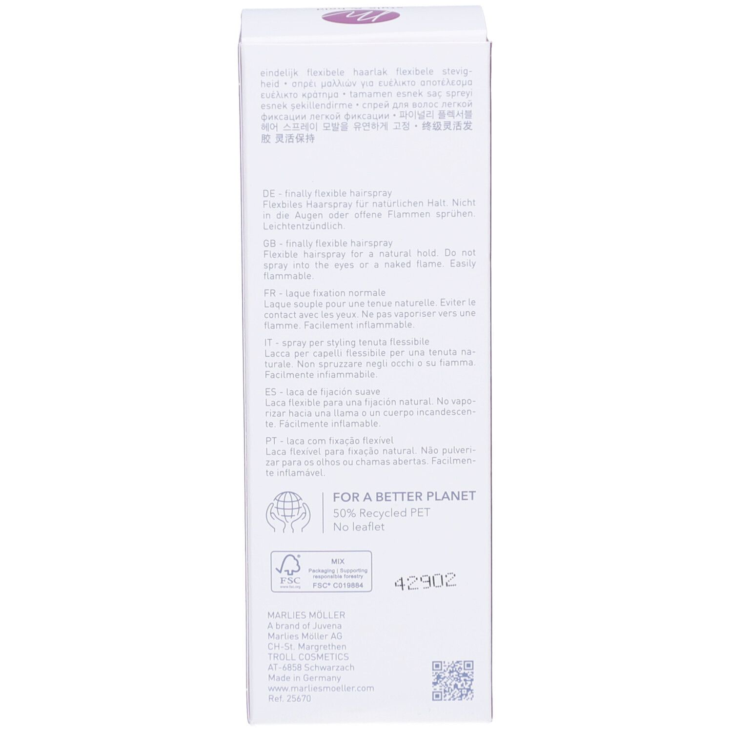 Retro della confezione. Testo multilingue. Scritta: Marlies Möller.