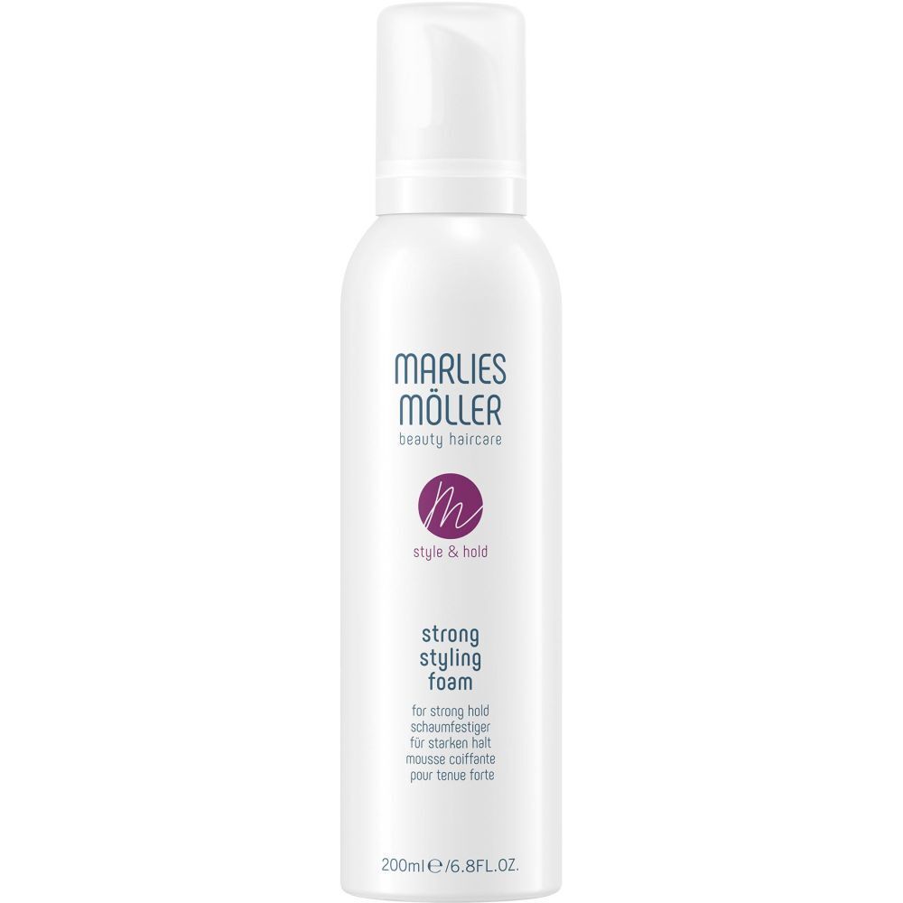 Flacone bianco con erogatore. Scritta: Marlies Möller, Style & Hold, Strong Styling Foam. 200ml.