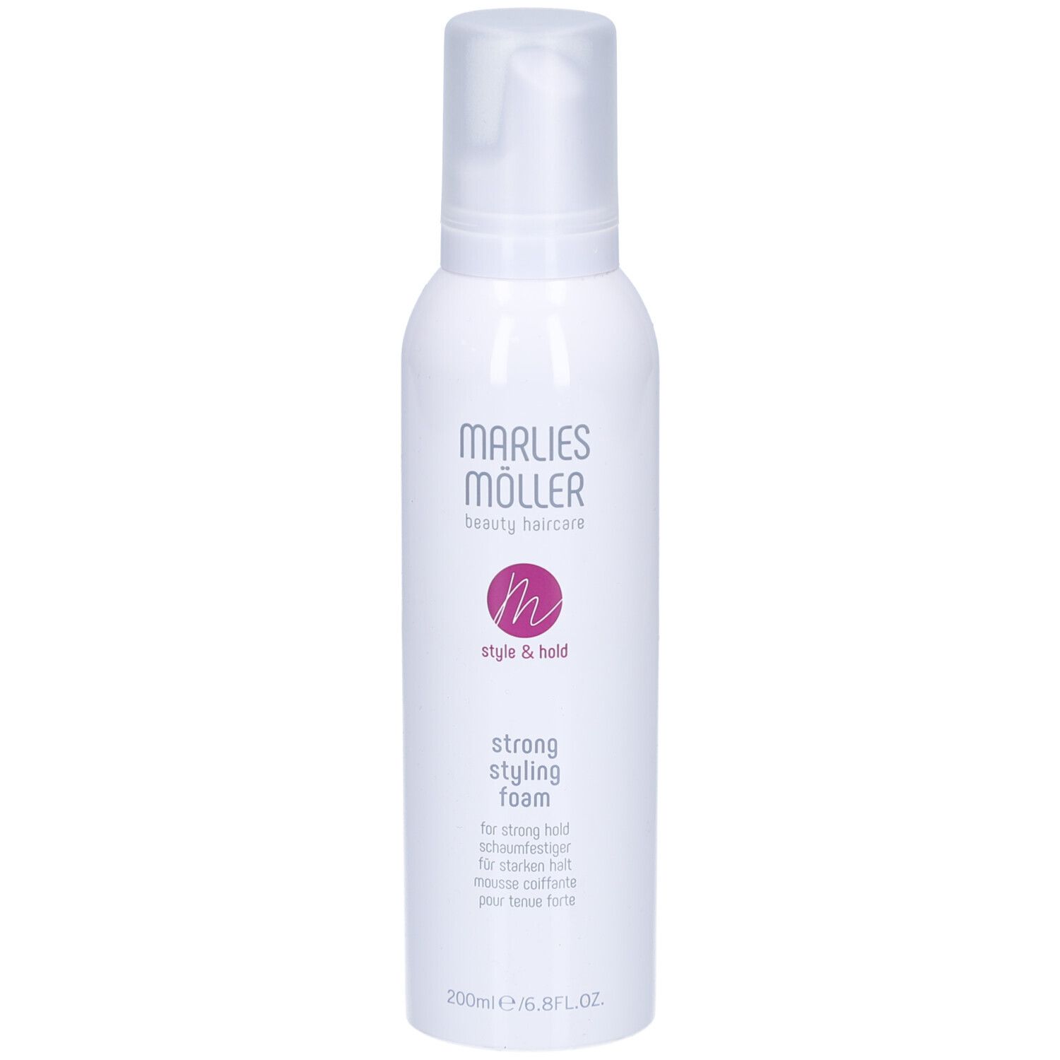 Flacone bianco con erogatore. Scritta: Marlies Möller, Style & Hold, Strong Styling Foam. 200ml.