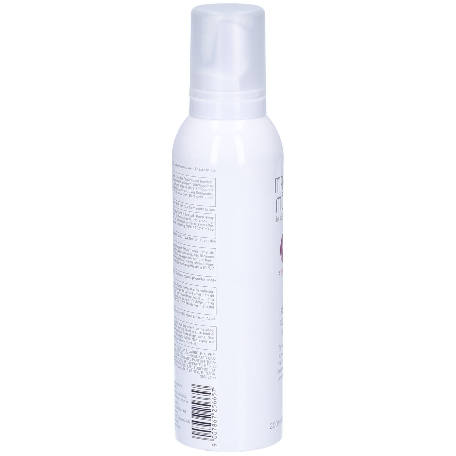 Flacone bianco, retro. Testo. Scritta: Marlies Möller, Style & Hold, Strong Styling Foam. 200ml.