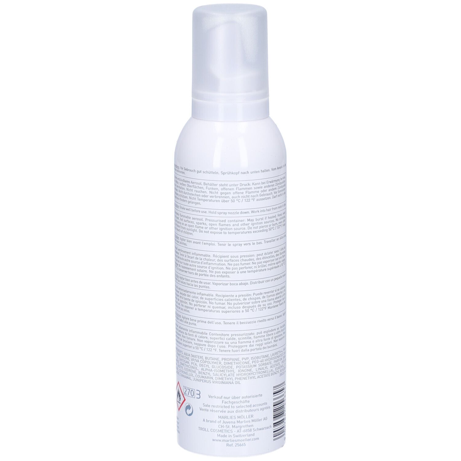 Flacone bianco, retro. Testo. Scritta: Marlies Möller, Style & Hold, Strong Styling Foam. 200ml.