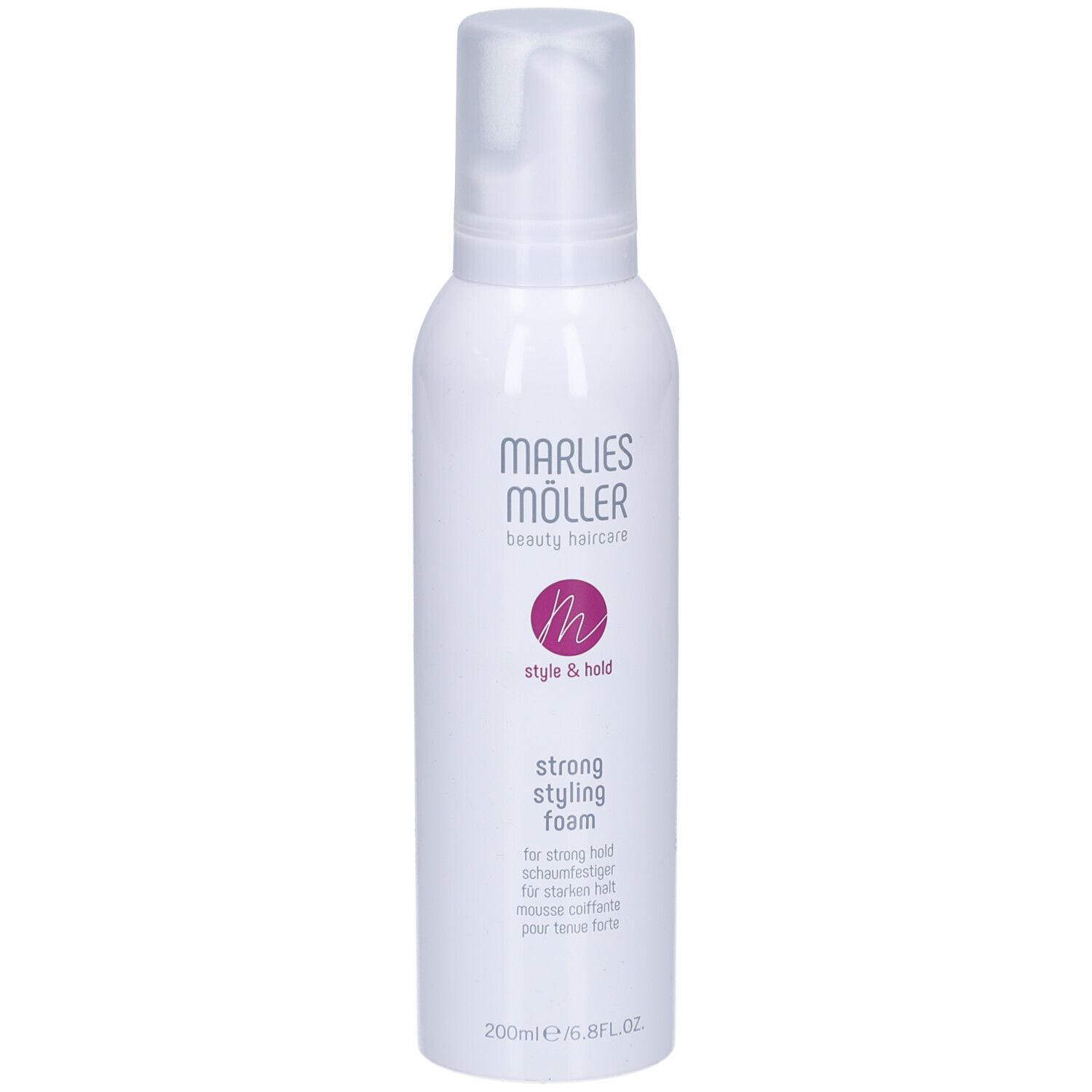 Flacone bianco con erogatore. Scritta: Marlies Möller, Style & Hold, Strong Styling Foam. 200ml.