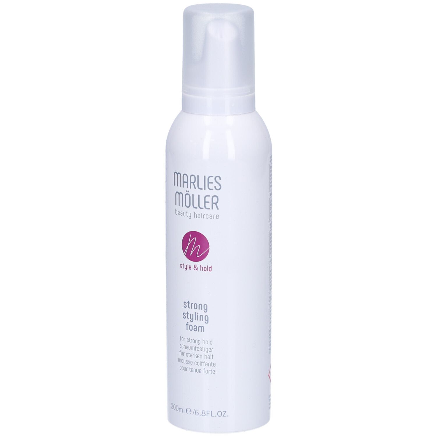 Flacone bianco con erogatore. Scritta: Marlies Möller, Style & Hold, Strong Styling Foam. 200ml.
