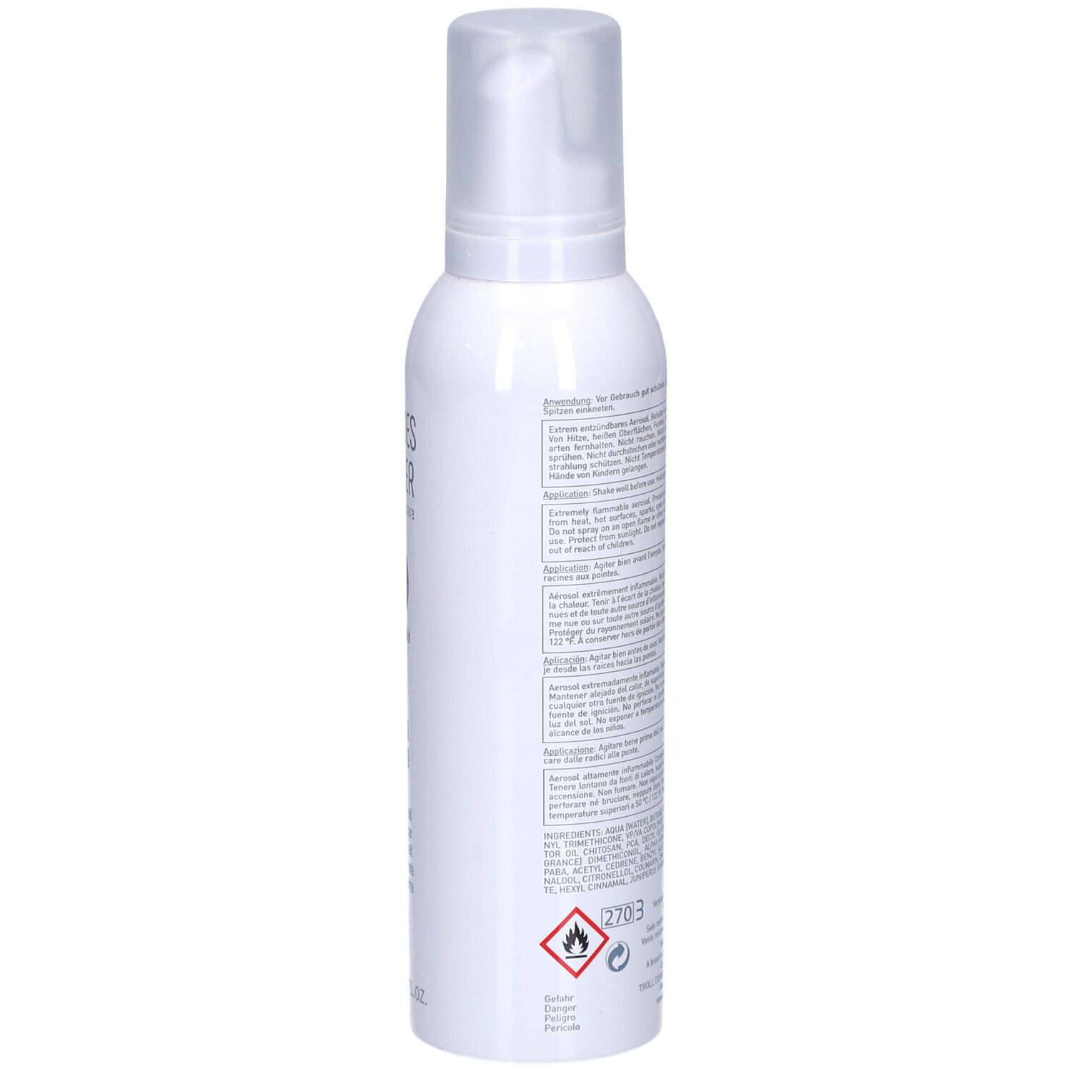Flacone bianco, retro. Testo. Scritta: Marlies Möller, Style & Hold, Strong Styling Foam. 200ml.