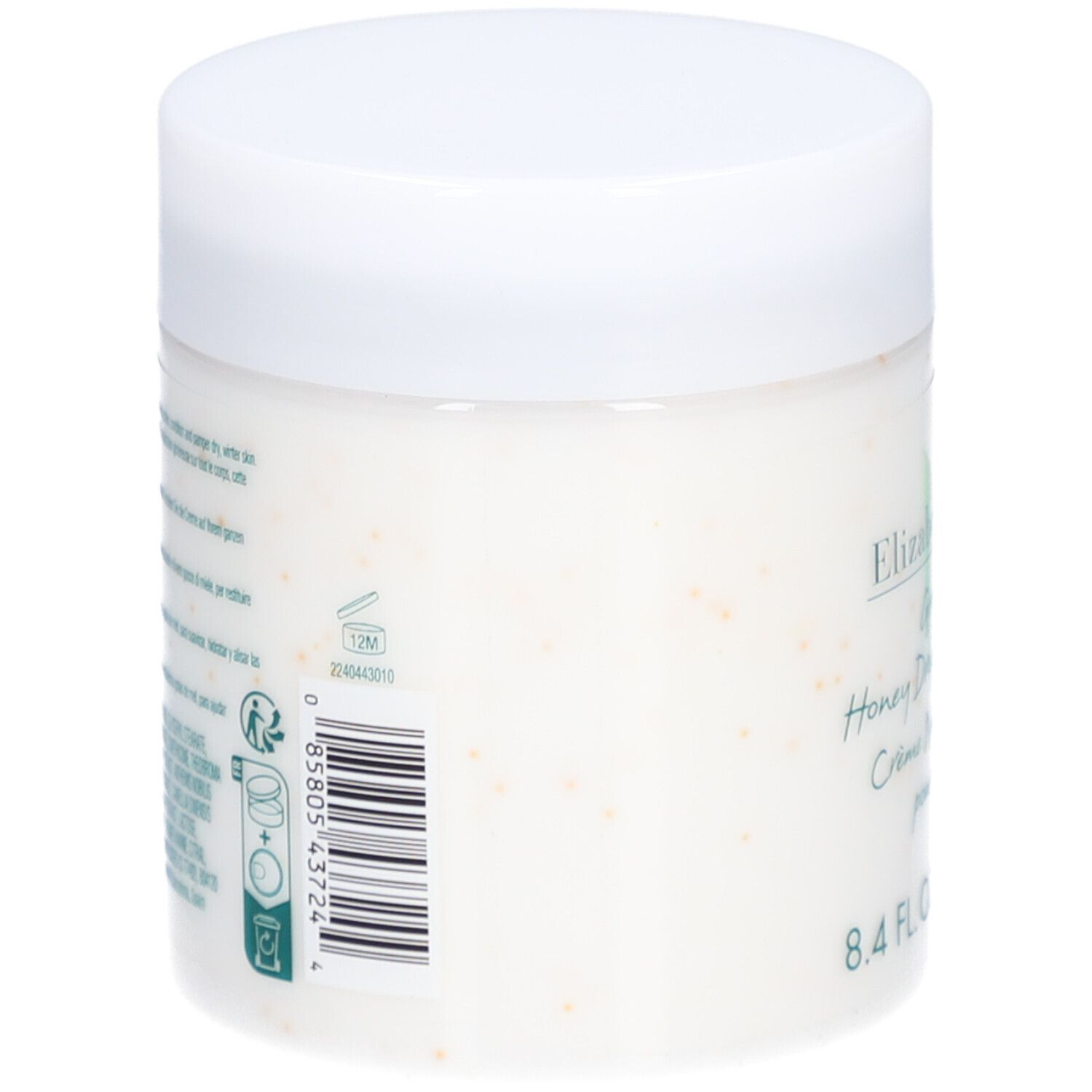 Vaso bianco con coperchio. Etichetta laterale con testo e codice a barre. 8.4 FL. OZ. 250 ml.