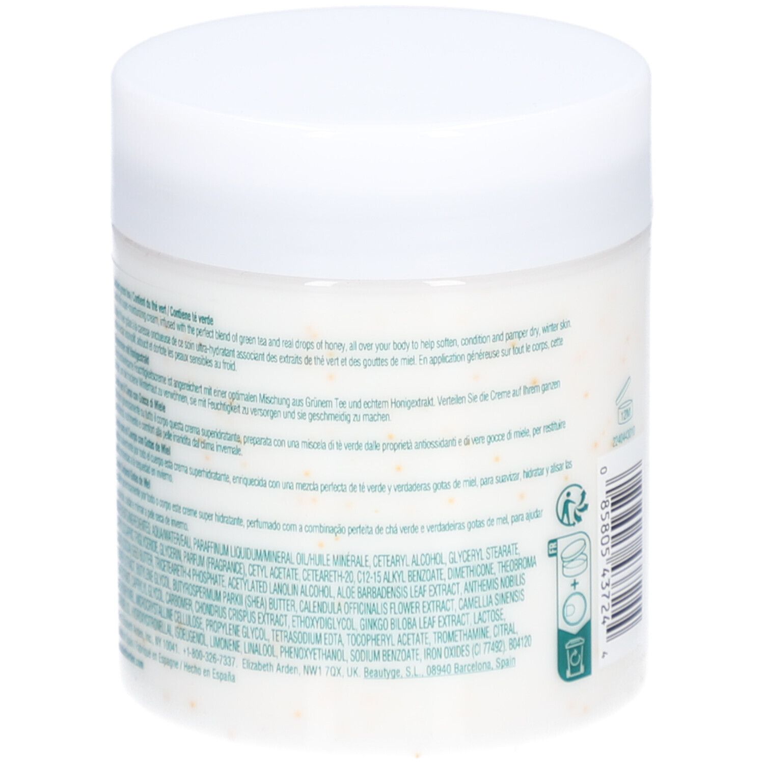 Vaso bianco con coperchio. Testo multilingue sul lato. 8.4 FL. OZ. 250 ml.