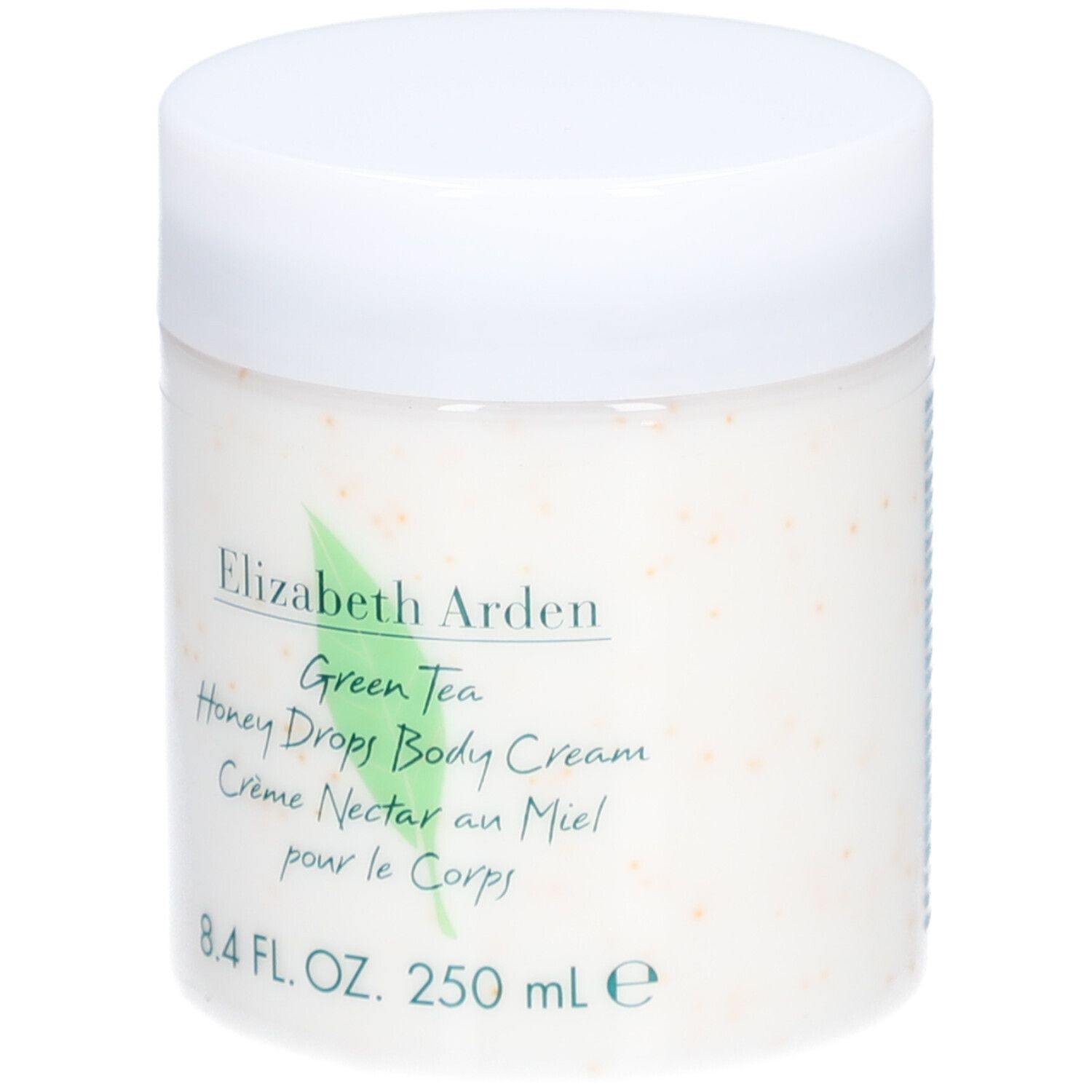 Vaso bianco con coperchio. Scritta: Elizabeth Arden, Green Tea, Honey Drops Body Cream. 8.4 FL. OZ. 250 ml.