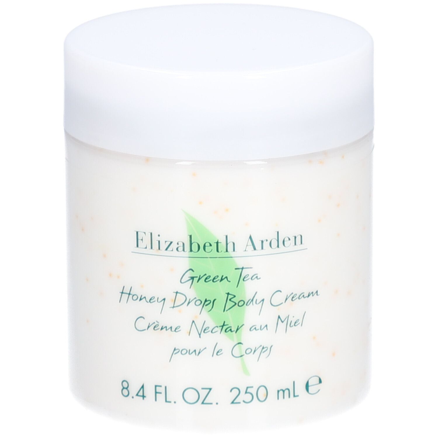Vaso bianco con coperchio. Scritta: Elizabeth Arden, Green Tea, Honey Drops Body Cream. 8.4 FL. OZ. 250 ml.