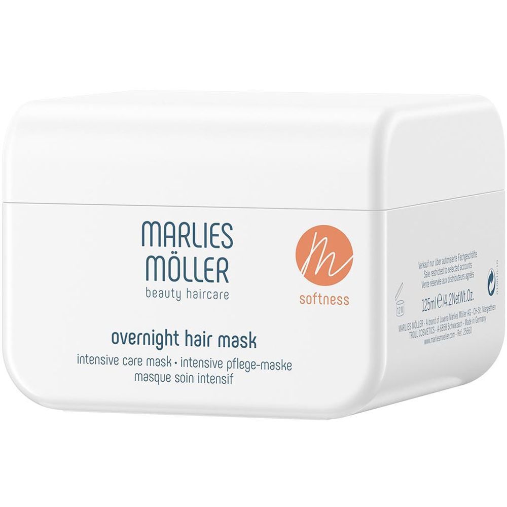 Barattolo bianco con logo Marlies Möller e scritta. Scritta: Overnight Hair Mask. Logo arancione.