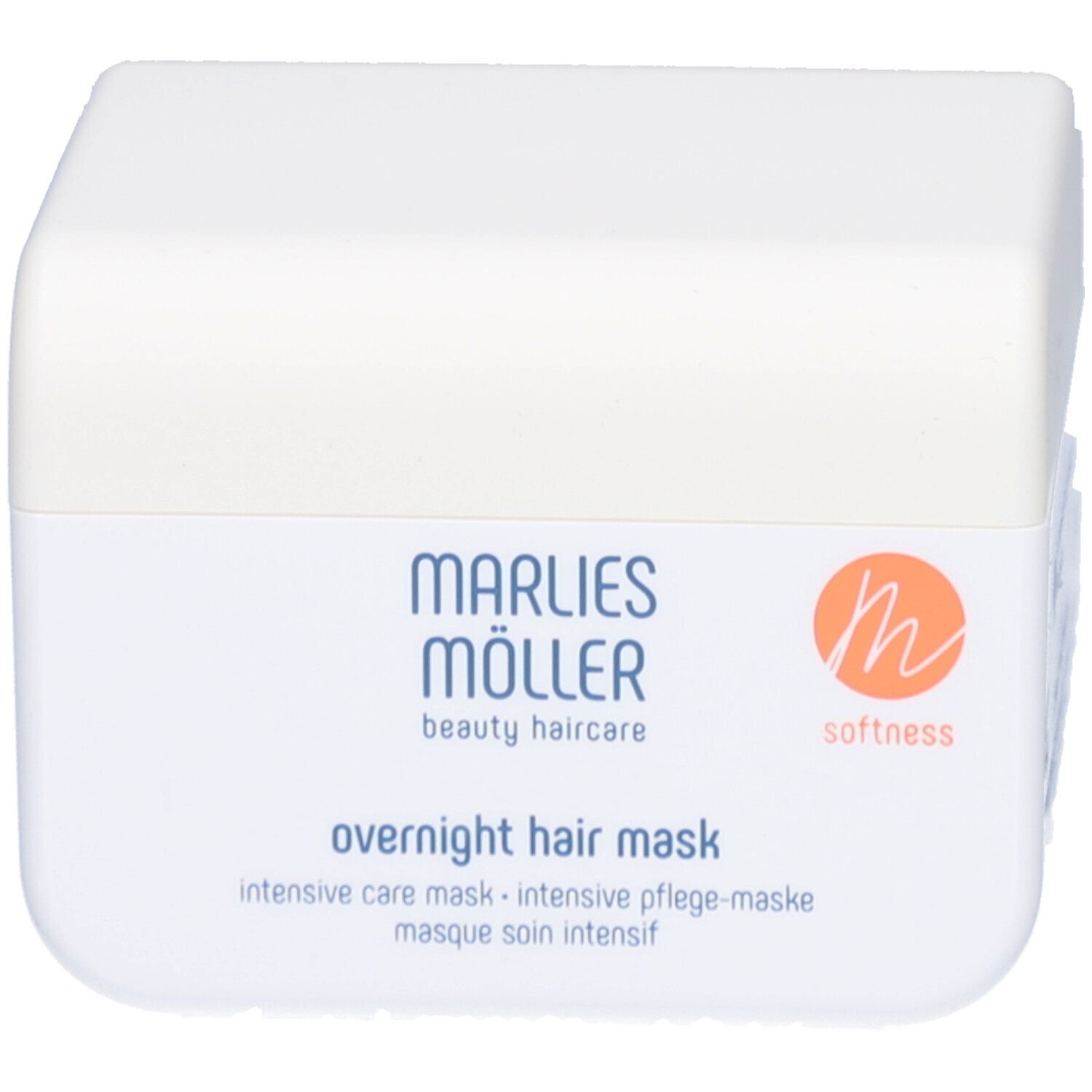 Barattolo bianco con logo Marlies Möller e scritta. Scritta: Overnight Hair Mask. Logo arancione.