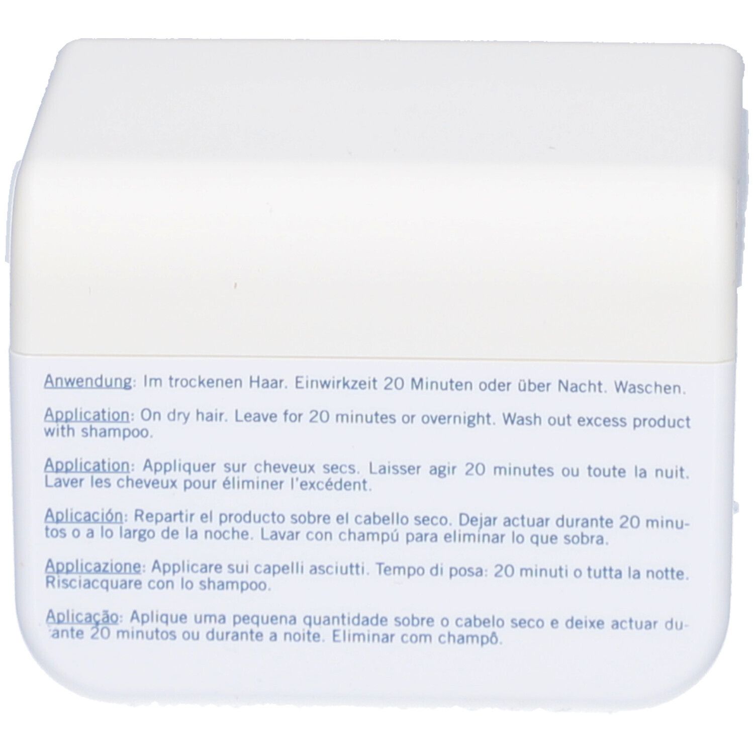 Retro del barattolo bianco con testo. Istruzioni per l'uso in più lingue.