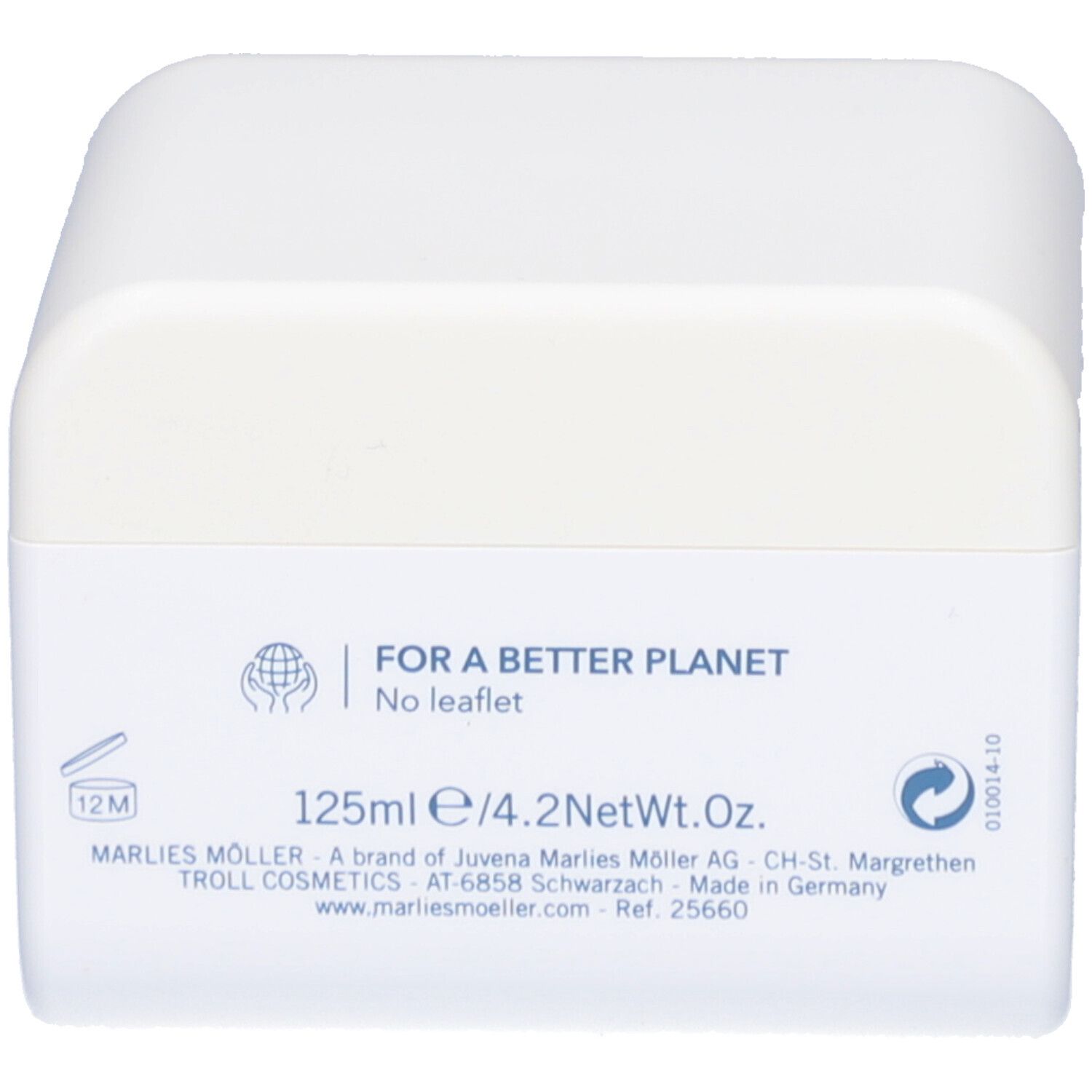 Retro del barattolo bianco con testo. Informazioni sul produttore e sugli ingredienti.