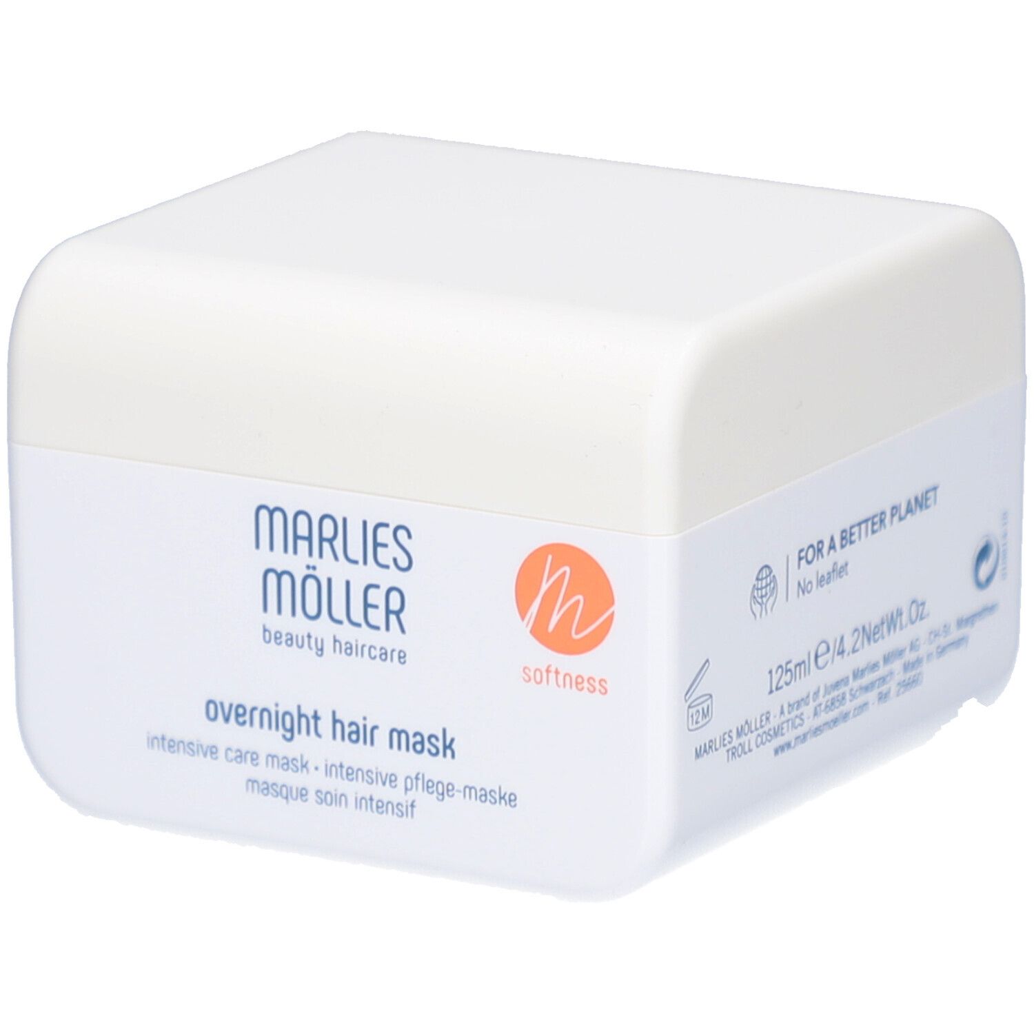 Barattolo bianco con logo Marlies Möller e scritta. Scritta: Overnight Hair Mask. Logo arancione.