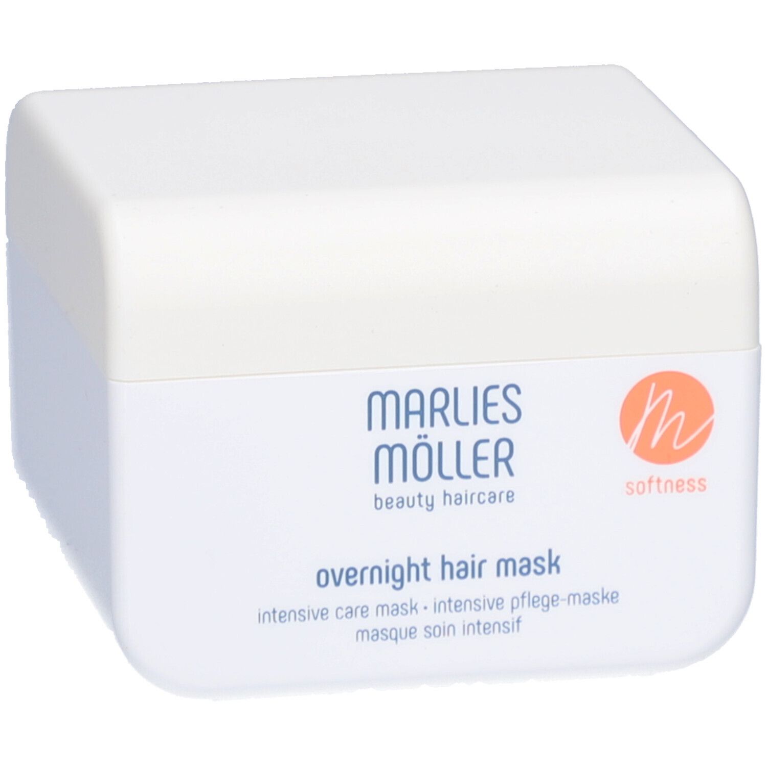 Barattolo bianco con logo Marlies Möller e scritta. Scritta: Overnight Hair Mask. Logo arancione.