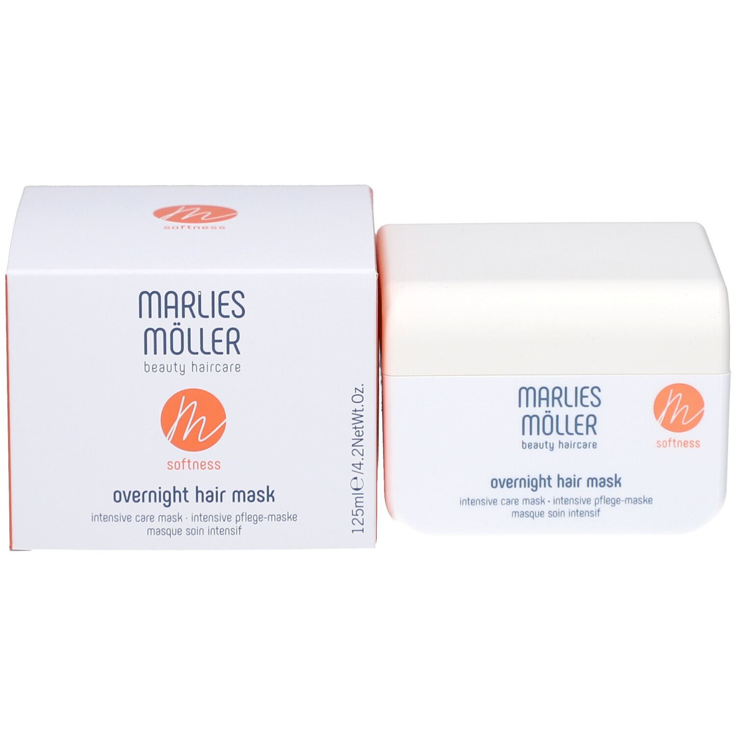 Barattolo bianco con logo Marlies Möller e scritta. Scritta: Overnight Hair Mask. Logo arancione.