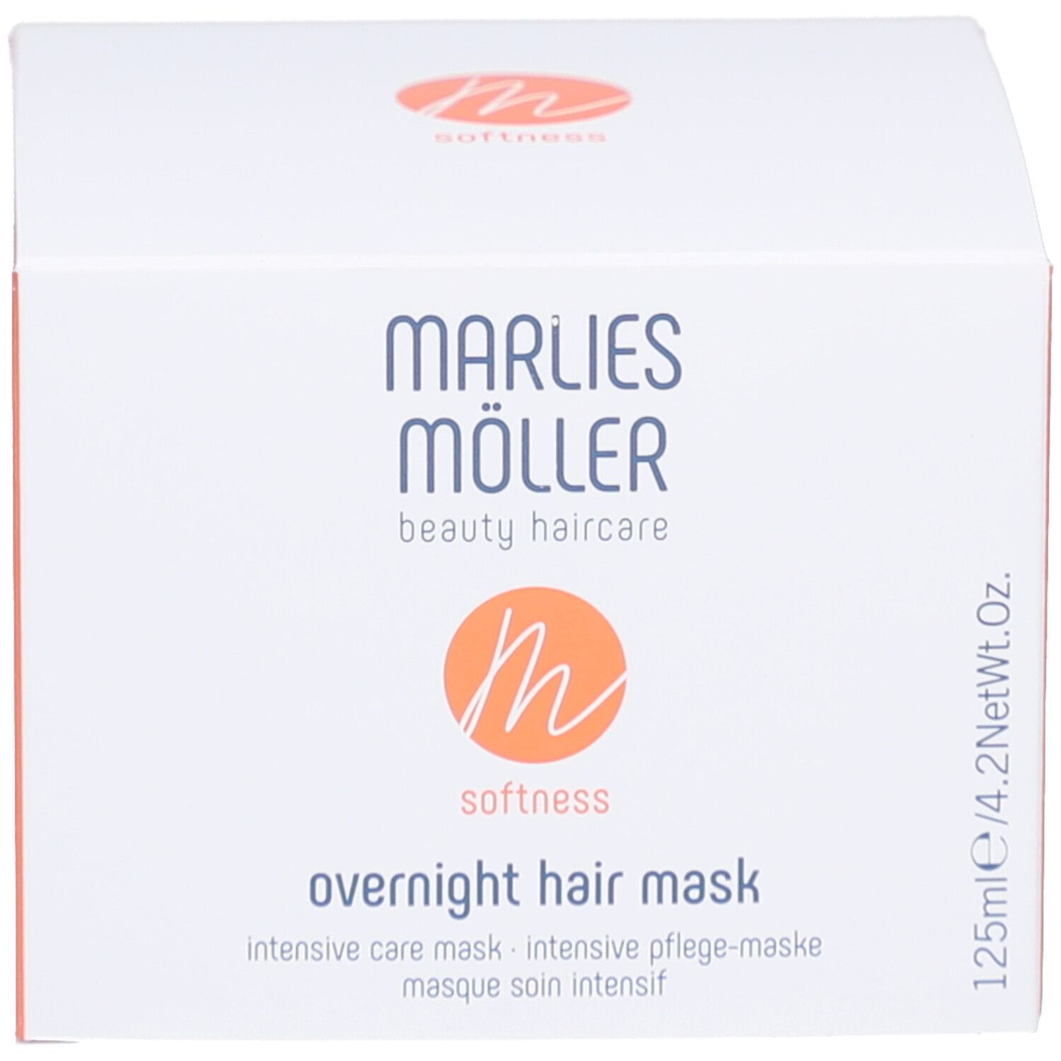 Barattolo e scatola bianchi con logo Marlies Möller e scritta. Scritta: Overnight Hair Mask.