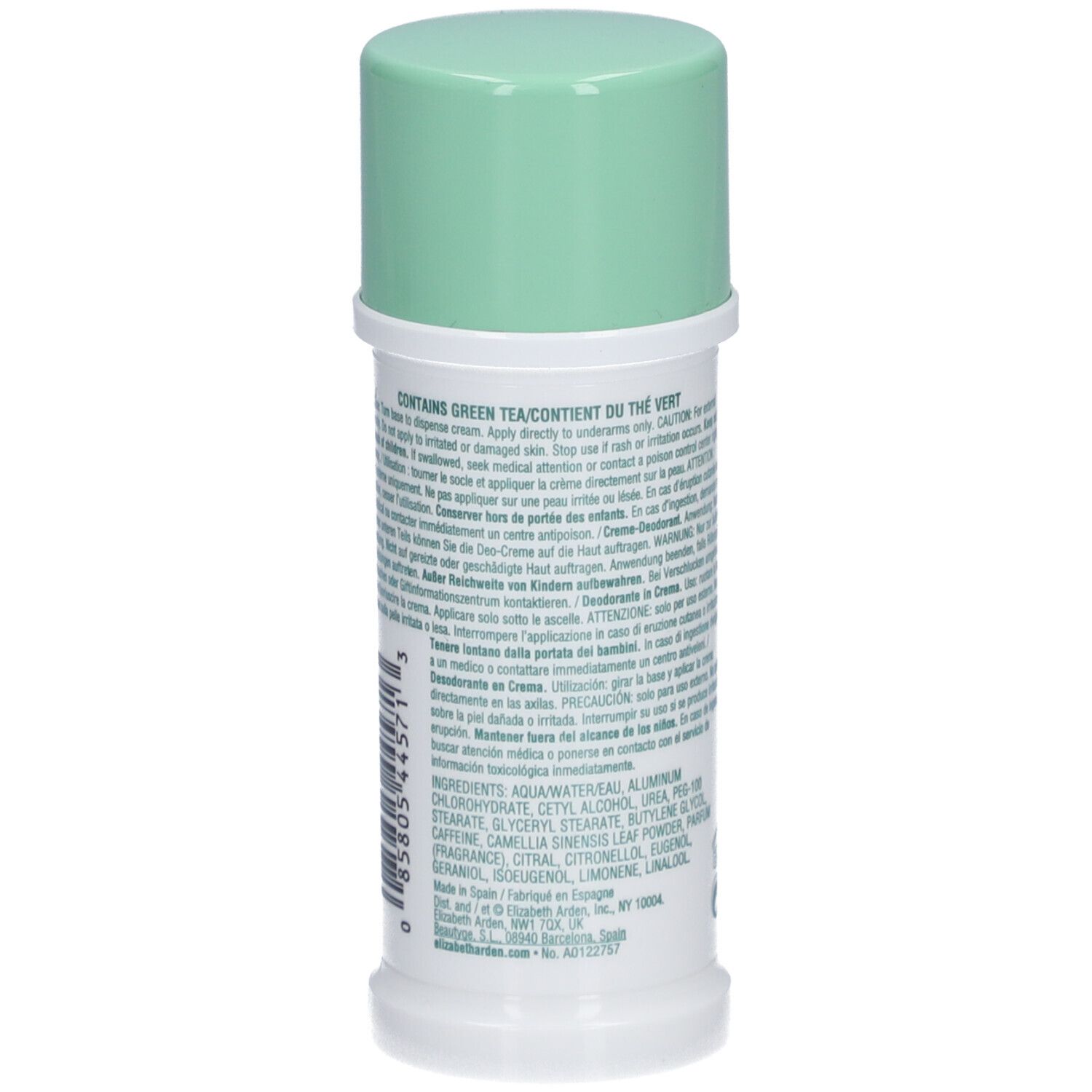 Retro dello stick deodorante. Testo: ingredienti, istruzioni. Tappo verde, contenitore bianco.
