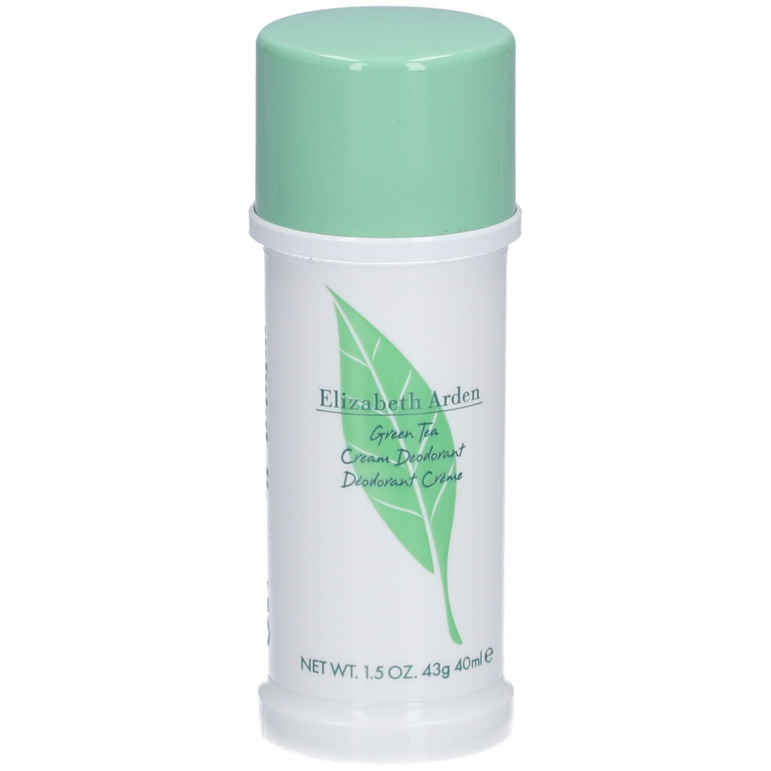 Stick deodorante bianco e verde. Scritta: Elizabeth Arden Green Tea. Logo foglia. Formato stick.