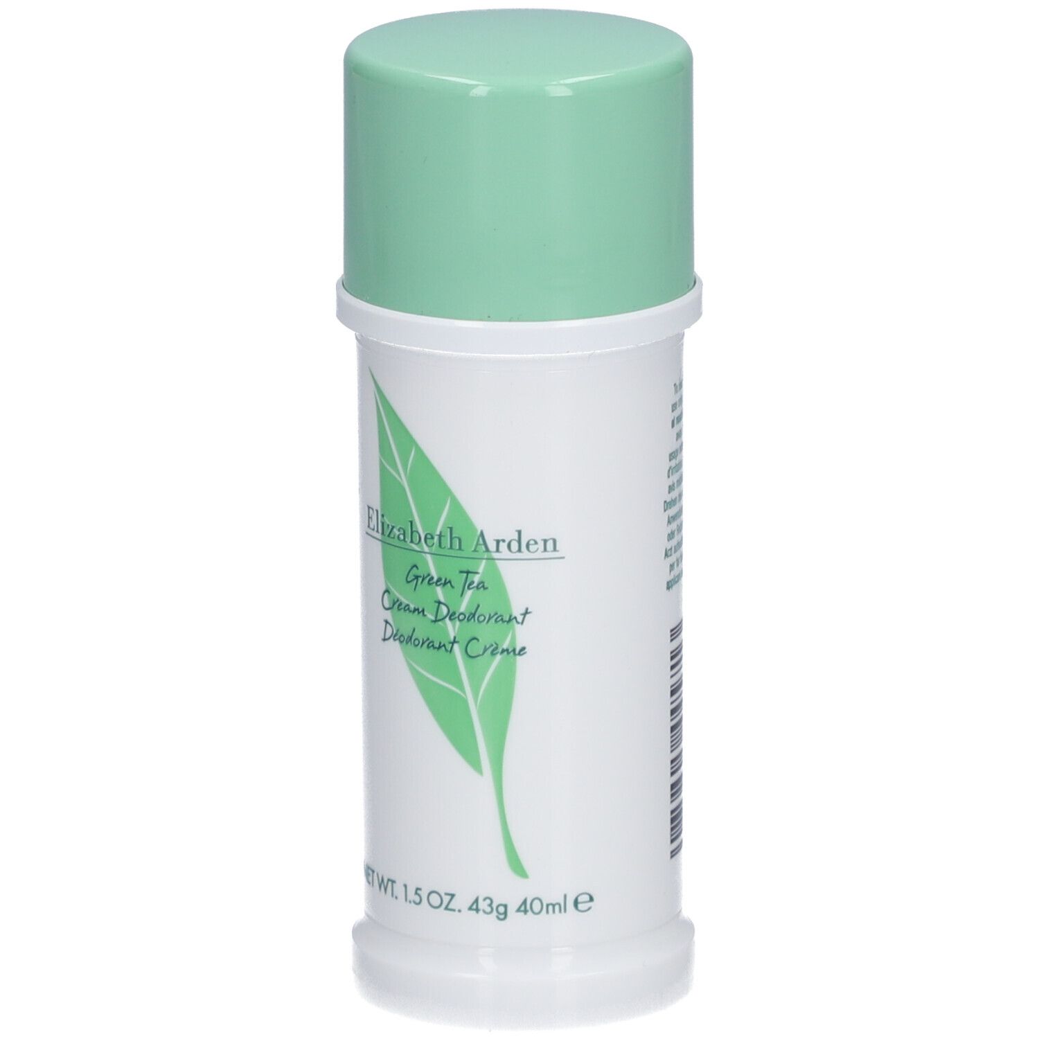 Stick deodorante bianco e verde. Scritta: Elizabeth Arden Green Tea. Logo foglia. Formato stick.