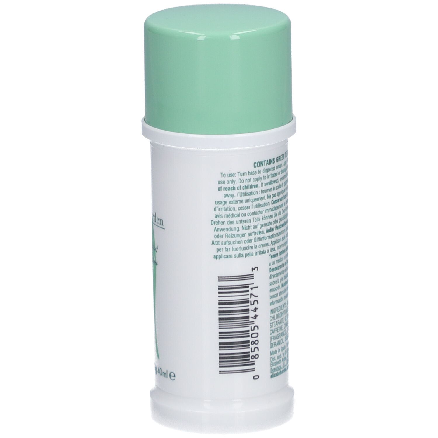 Retro dello stick deodorante. Testo: ingredienti, istruzioni. Tappo verde, contenitore bianco.
