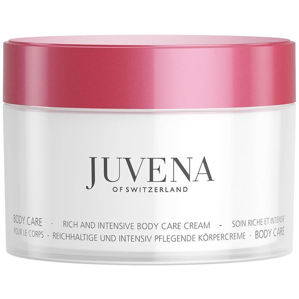 Vaso di crema con coperchio rosso. Scritta: Juvena of Switzerland. Testo: Body Care, Rich and Intensive Body Care Cream.