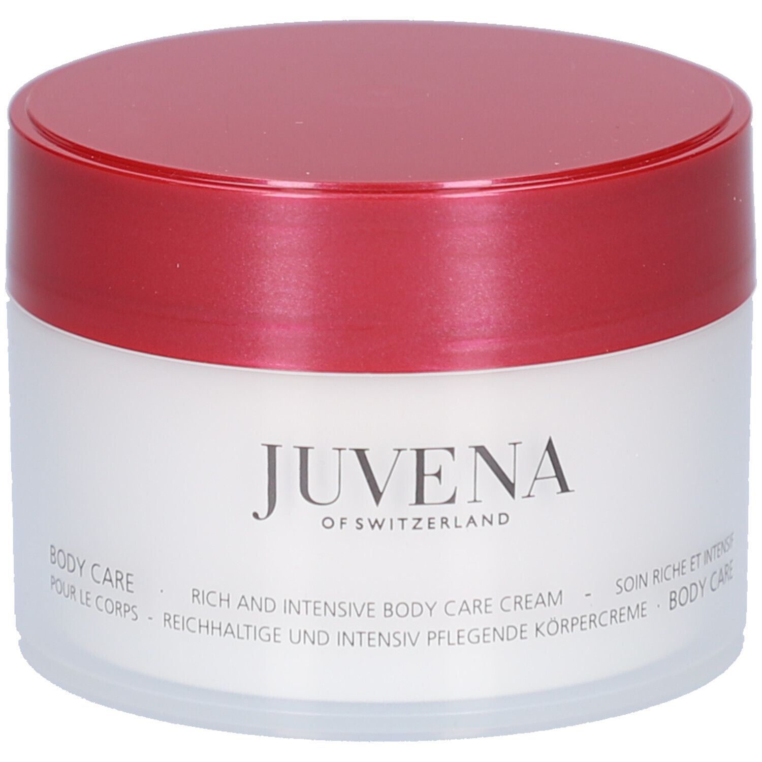 Vaso di crema con coperchio rosso. Scritta: Juvena of Switzerland. Testo: Body Care, Rich and Intensive Body Care Cream.