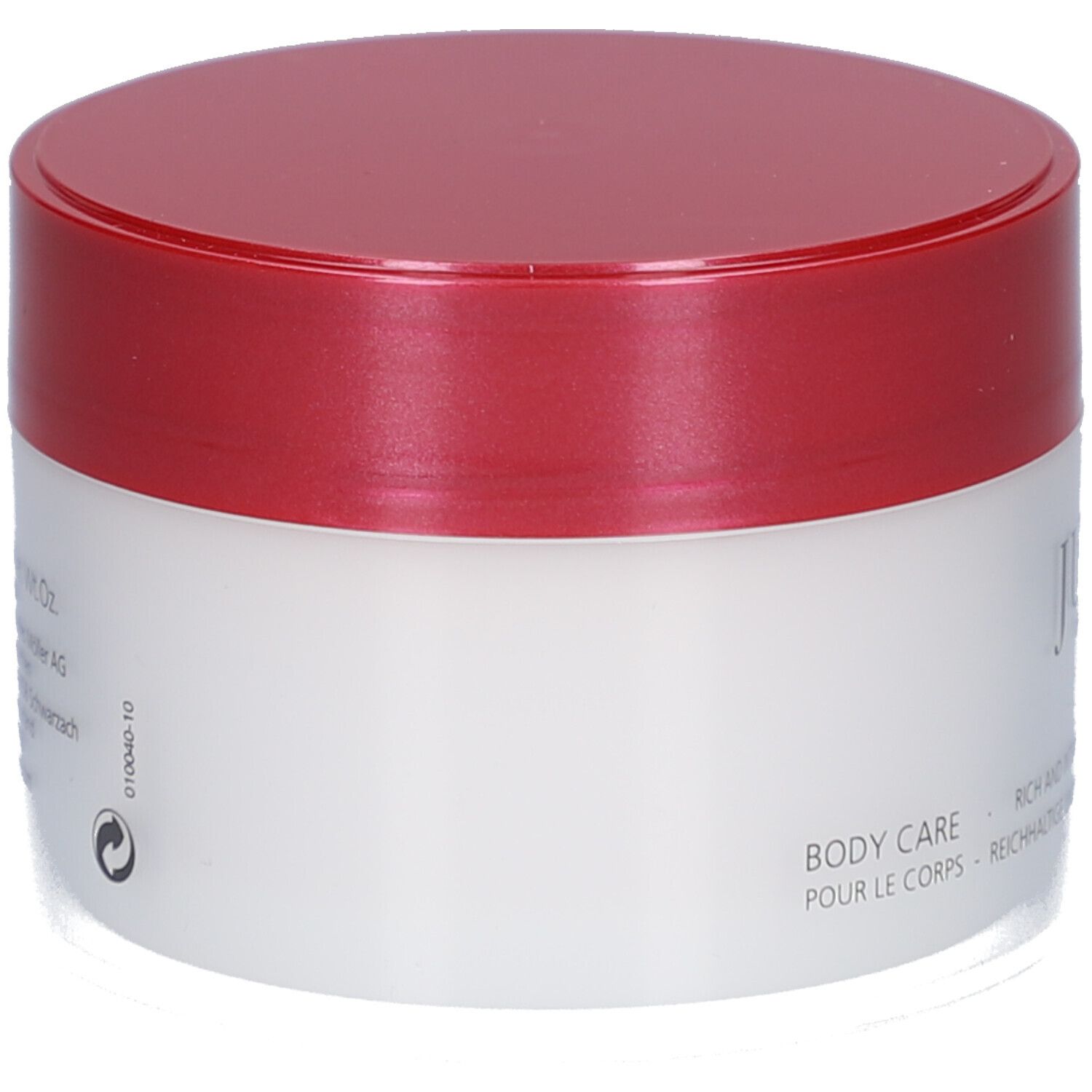 Vaso di crema con coperchio rosso. Scritta: Juvena. Testo: Body Care, Rich and Intensive Body Care Cream. Retro.