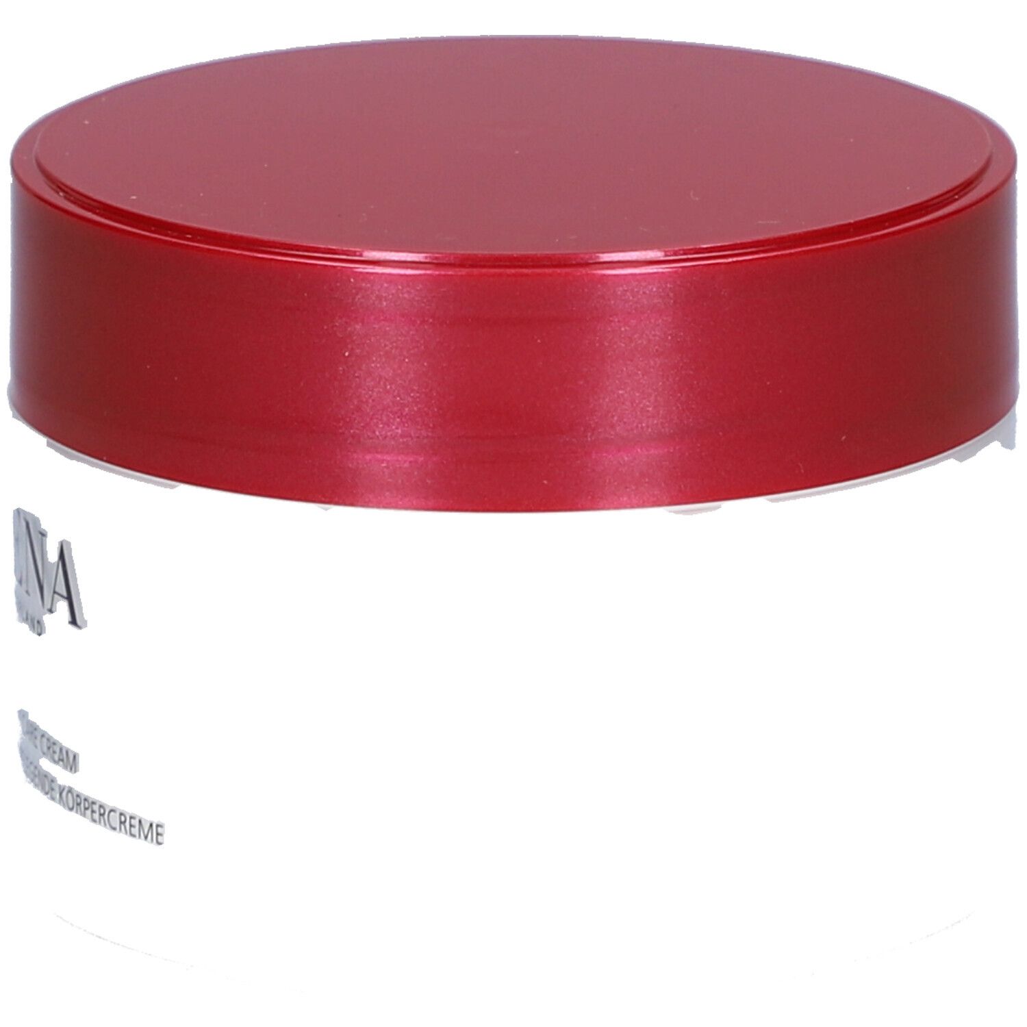 Vaso di crema con coperchio rosso. Scritta: Juvena. Testo: Body Care, Rich and Intensive Body Care Cream.