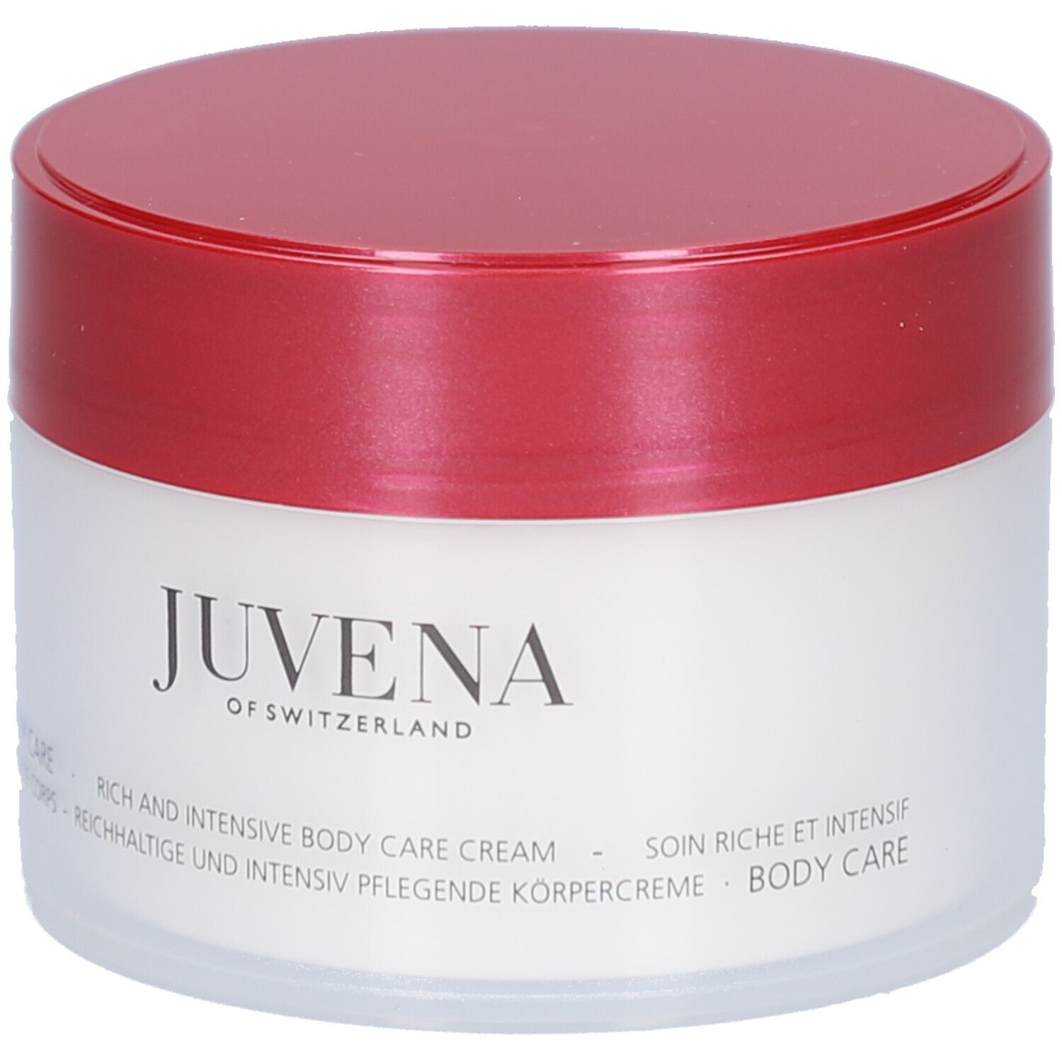 Vaso di crema con coperchio rosso. Scritta: Juvena. Testo: Body Care, Rich and Intensive Body Care Cream.