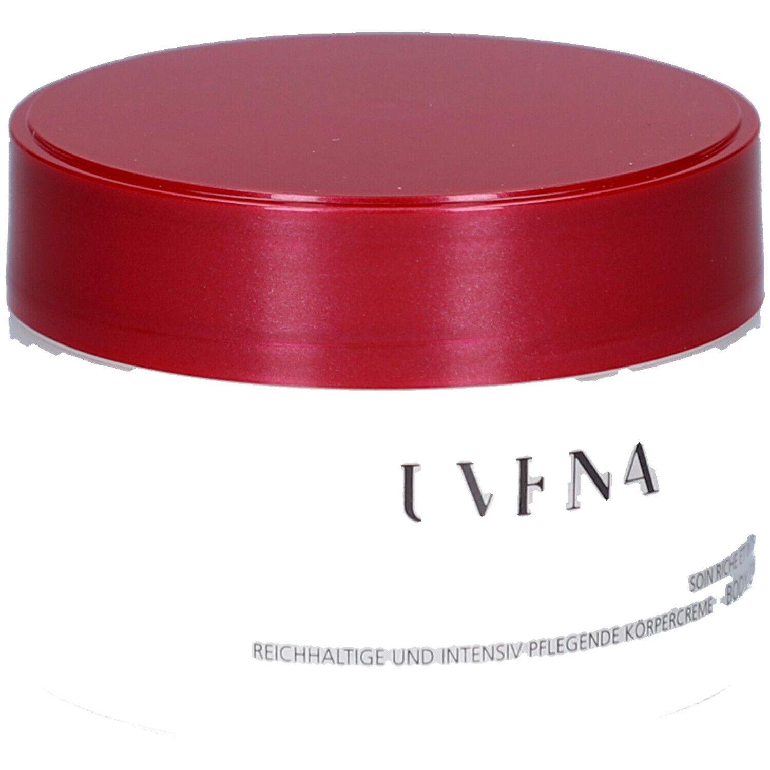 Vaso di crema con coperchio rosso. Scritta: Juvena. Testo: Body Care, Rich and Intensive Body Care Cream.