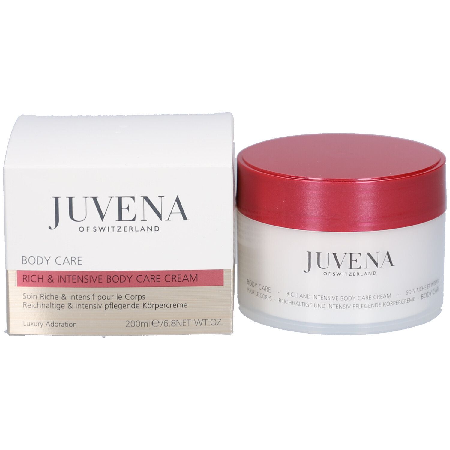 Vaso di crema e scatola. Scritta: Juvena. Testo: Body Care, Rich and Intensive Body Care Cream.