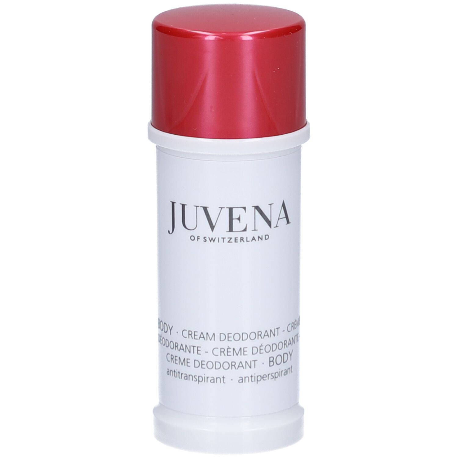 Stick deodorante bianco con tappo rosso. Scritta: Juvena of Switzerland. Nome prodotto: Body Cream Deodorant.