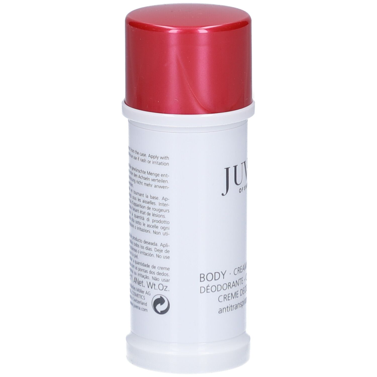 Stick deodorante bianco con tappo rosso. Scritta: Juvena of Switzerland. Nome prodotto: Body Cream Deodorant.
