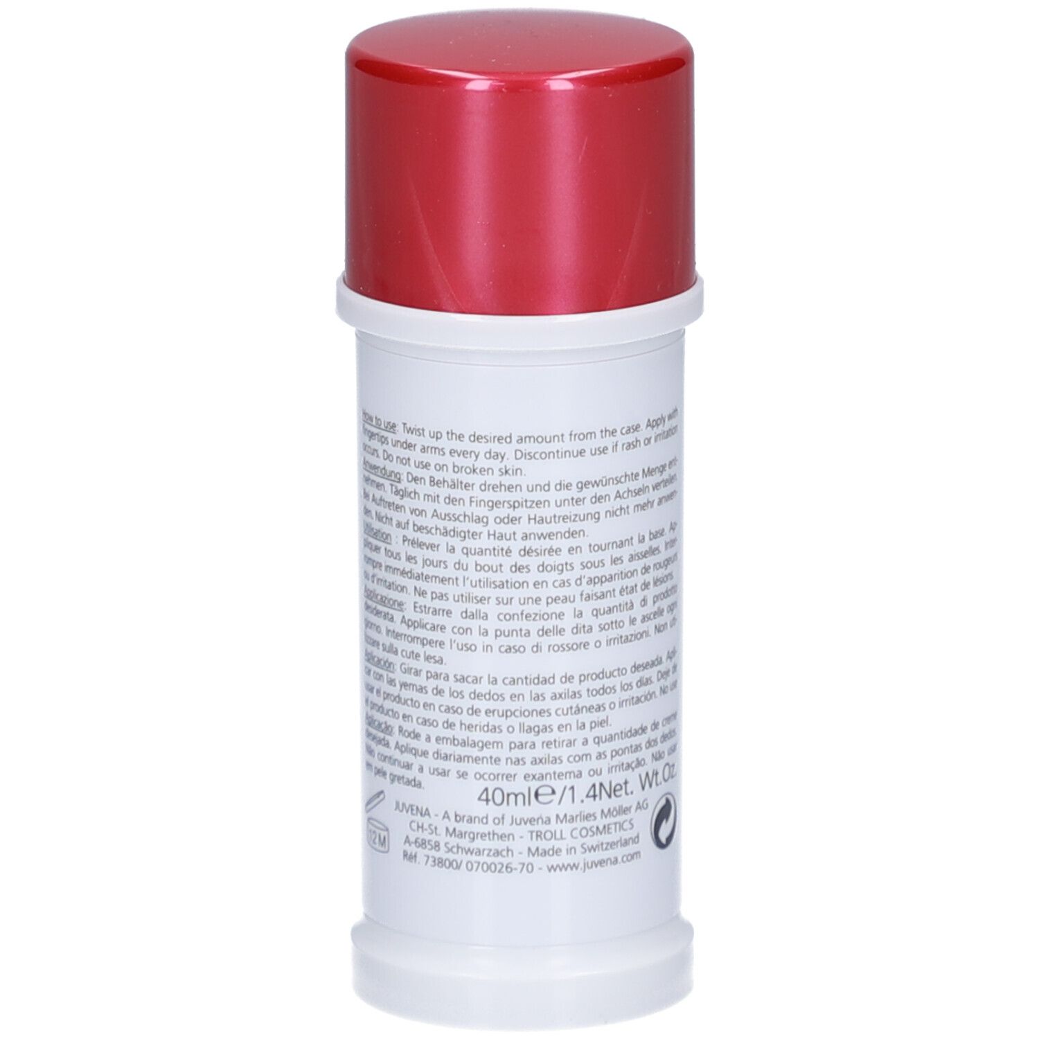 Stick deodorante bianco con tappo rosso. Scritta: Juvena of Switzerland. Nome prodotto: Body Cream Deodorant.