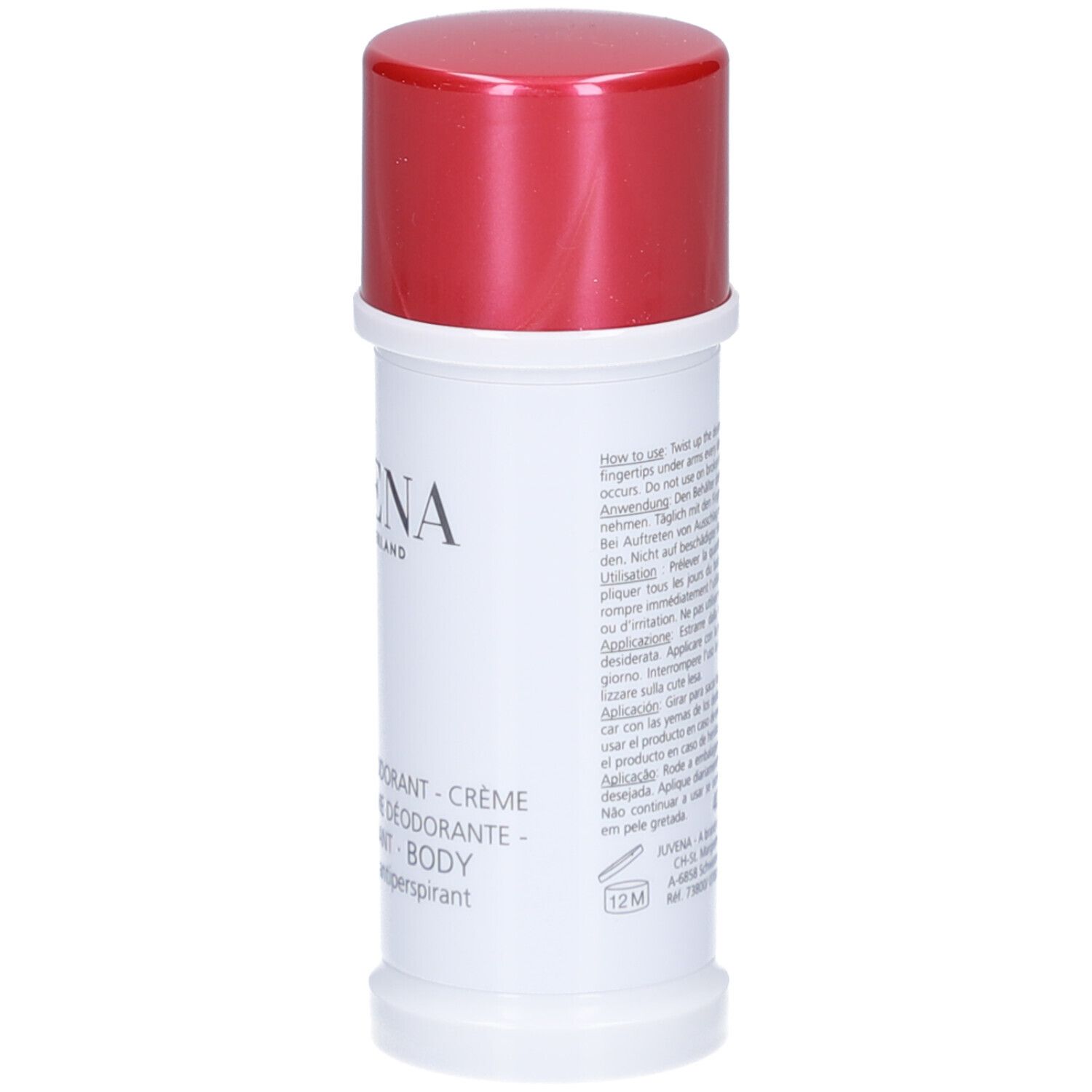 Stick deodorante bianco con tappo rosso. Scritta: Juvena of Switzerland. Nome prodotto: Body Cream Deodorant.