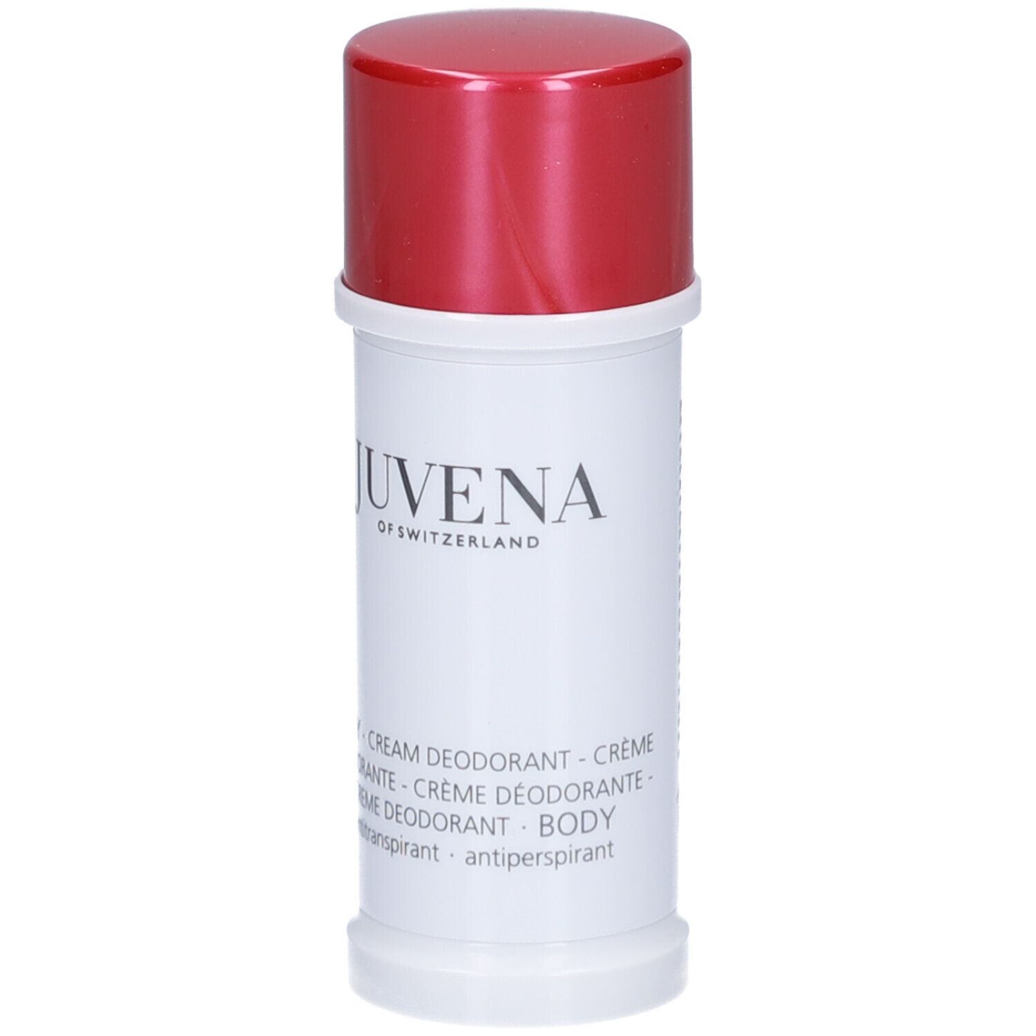 Stick deodorante bianco con tappo rosso. Scritta: Juvena of Switzerland. Nome prodotto: Body Cream Deodorant.