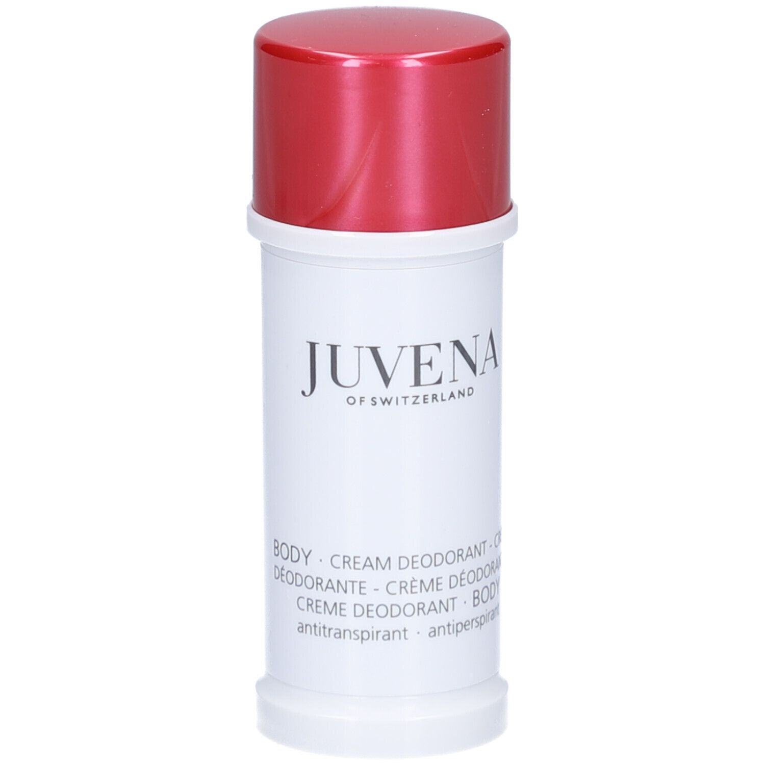 Stick deodorante e confezione. Scritta: Juvena of Switzerland. Nome prodotto: Body Care Cream Deodorant.