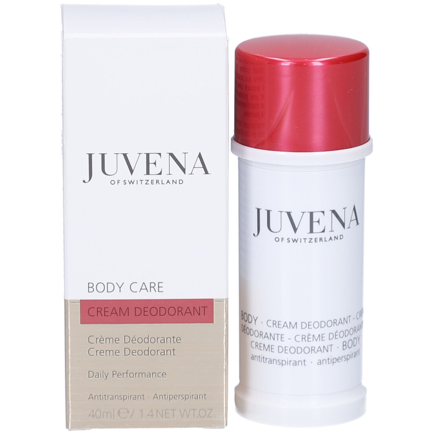 Confezione per deodorante. Scritta: Juvena of Switzerland. Nome prodotto: Body Care Cream Deodorant.