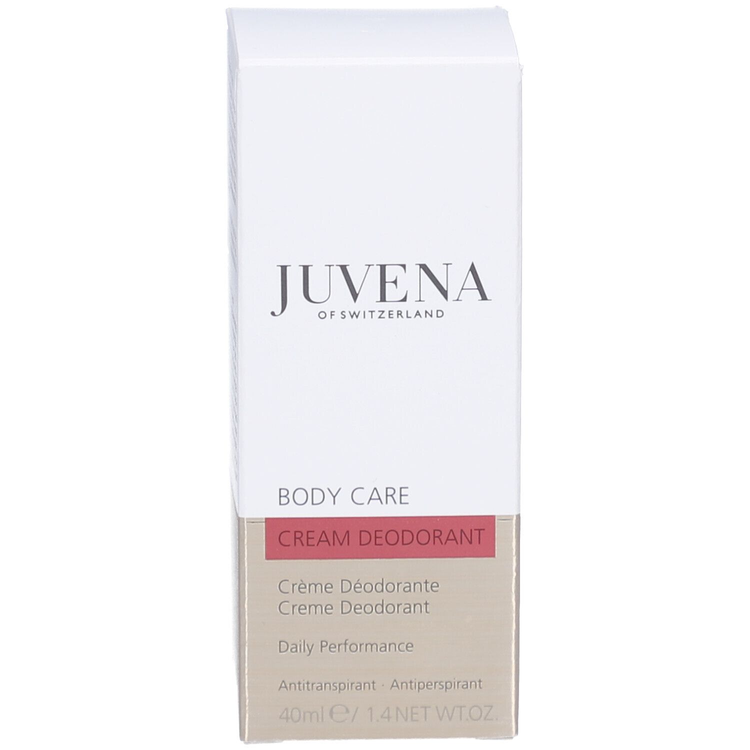 Confezione per deodorante. Scritta: Juvena of Switzerland. Nome prodotto: Body Care Cream Deodorant.