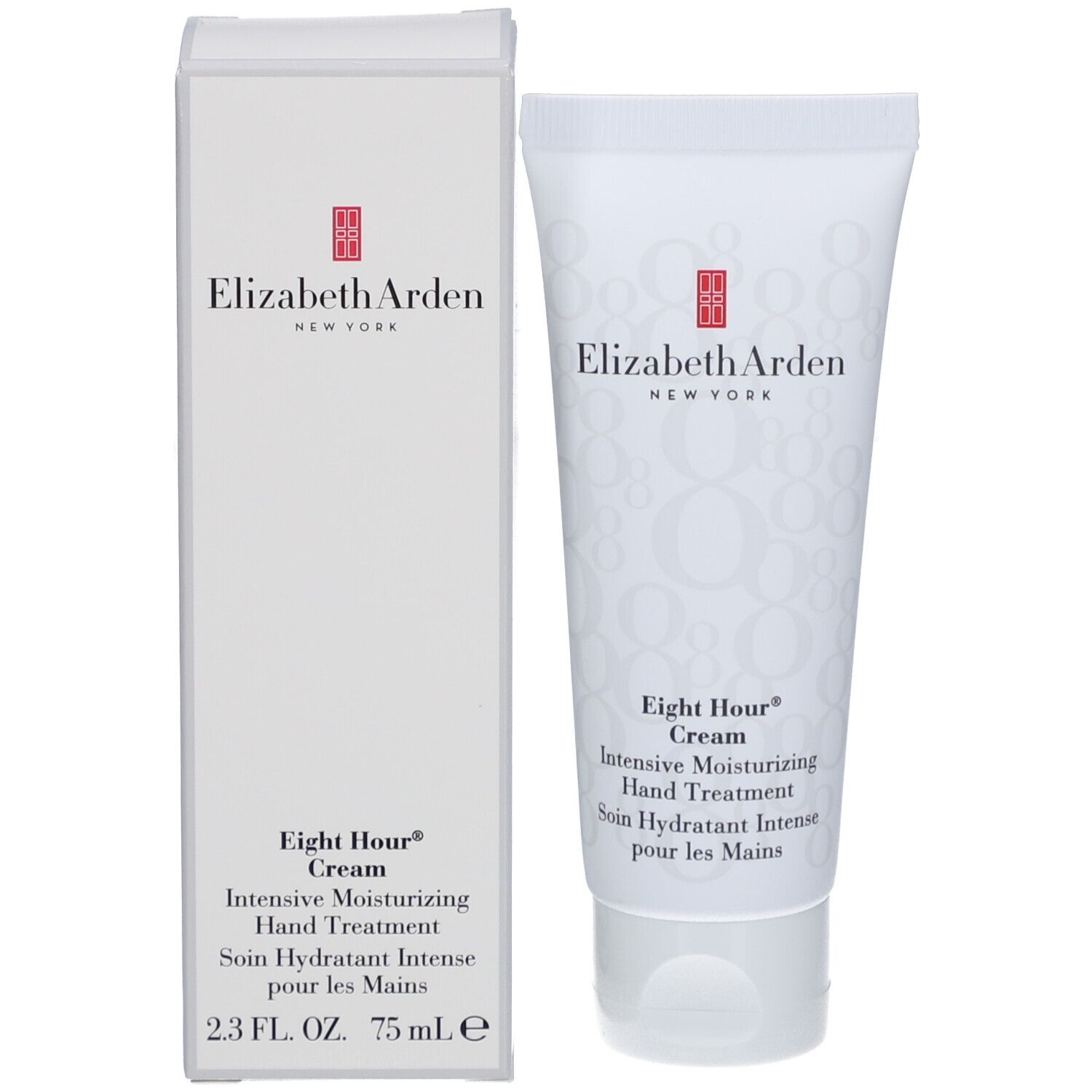 Confezione del prodotto: tubo e scatola. Sul tubo: Elizabeth Arden, Eight Hour Cream. Sulla scatola: stesso testo.
