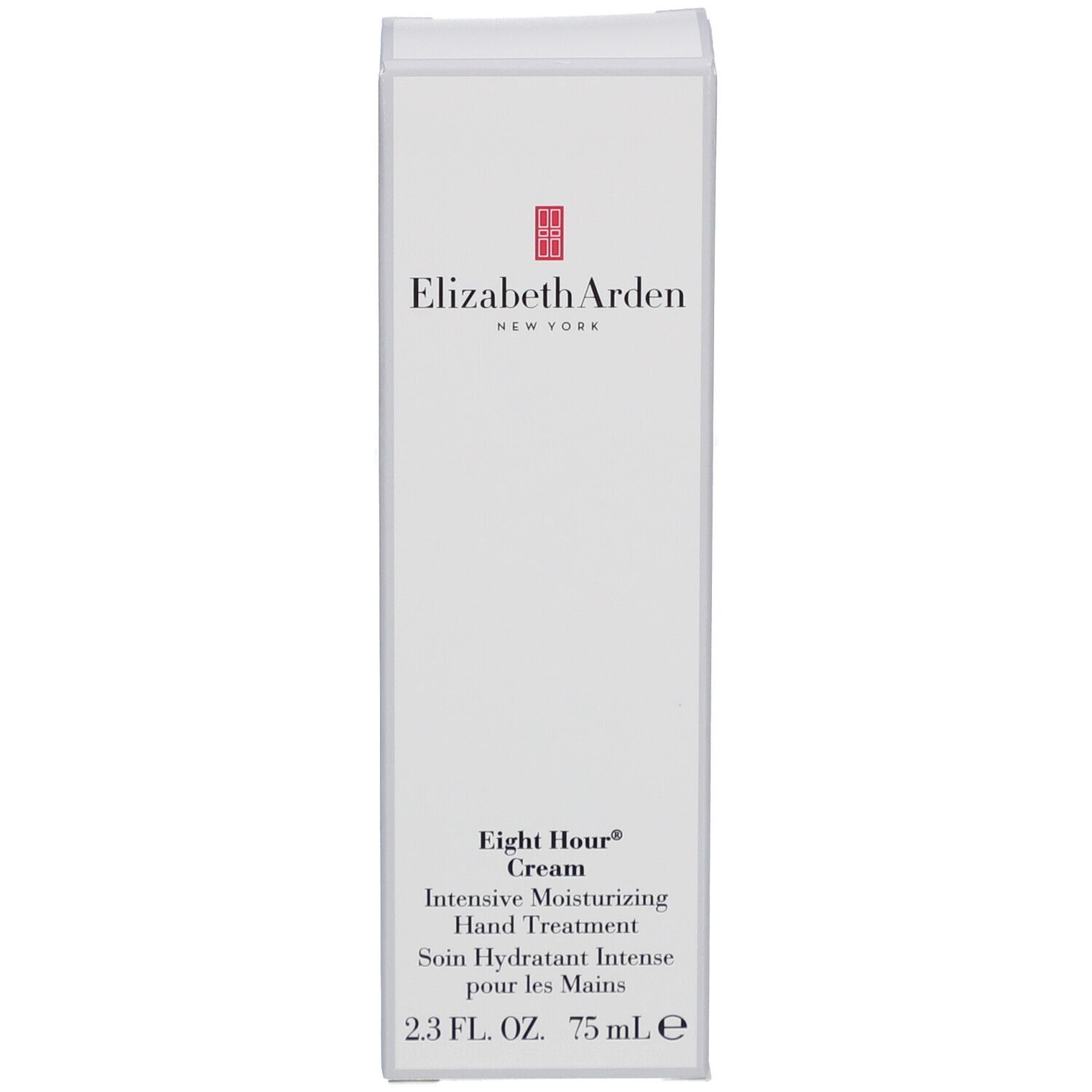 Scatola bianca con logo Elizabeth Arden e nome del prodotto: Eight Hour Cream Intensive Moisturizing Hand Treatment.